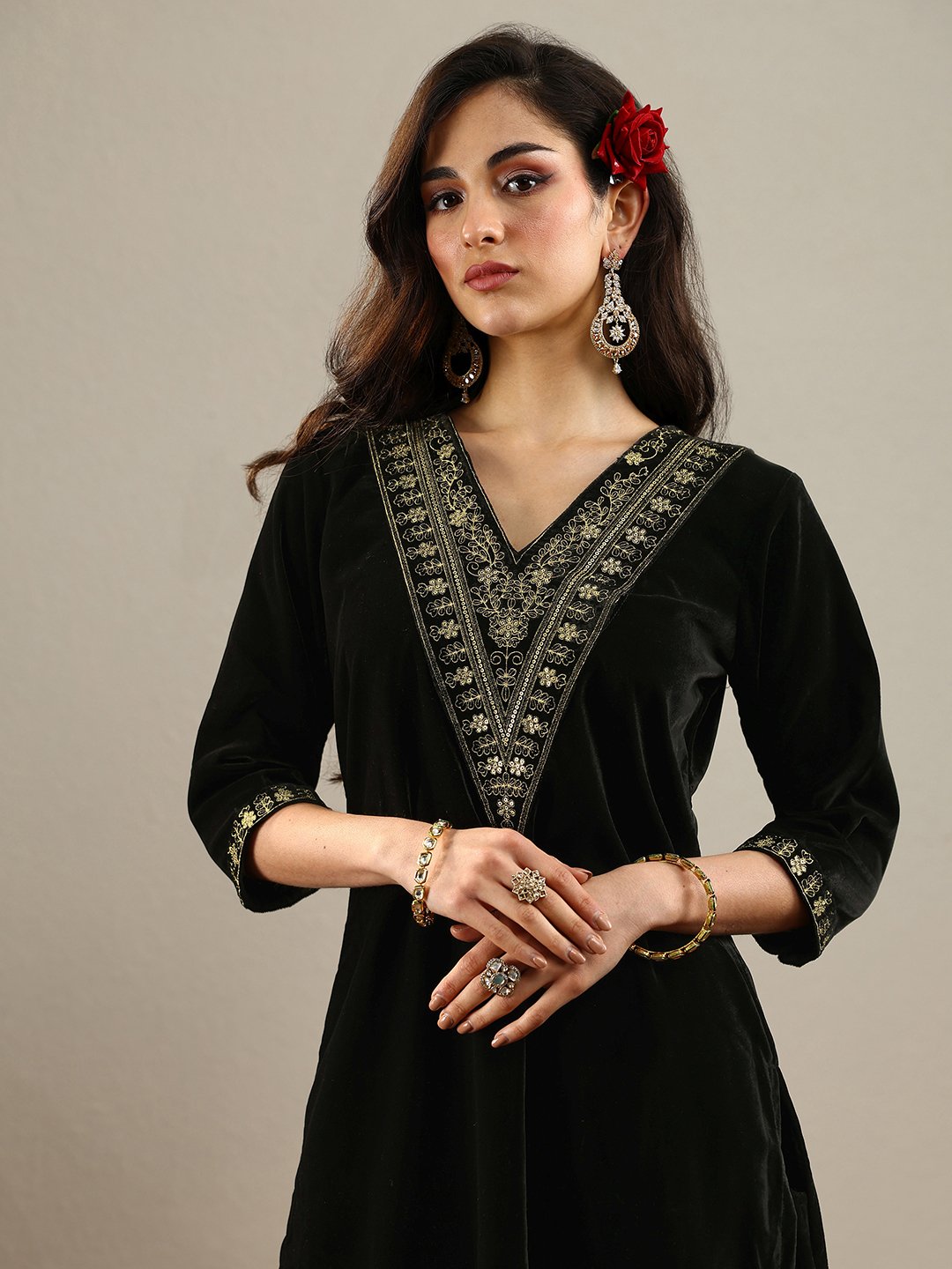 Black Embellished Velvet Straight Kurta, Trousers And Dupatta Set