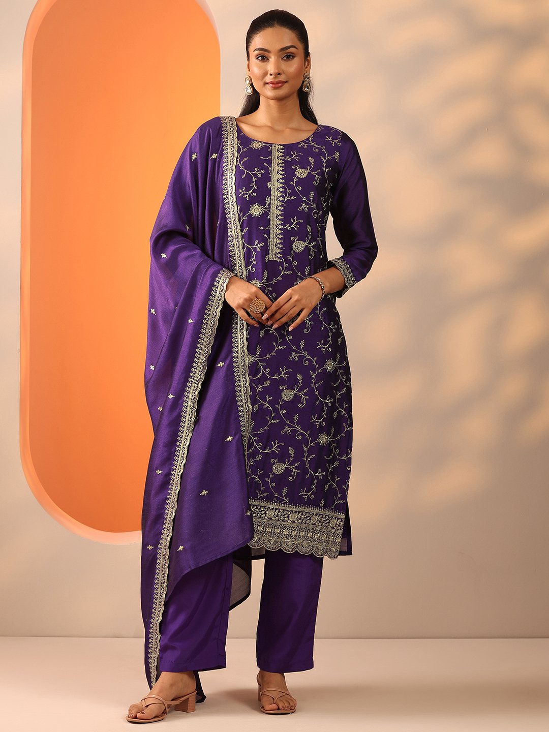 Purple Embroidered Silk Blend Straight Kurta, Trousers And Dupatta Set