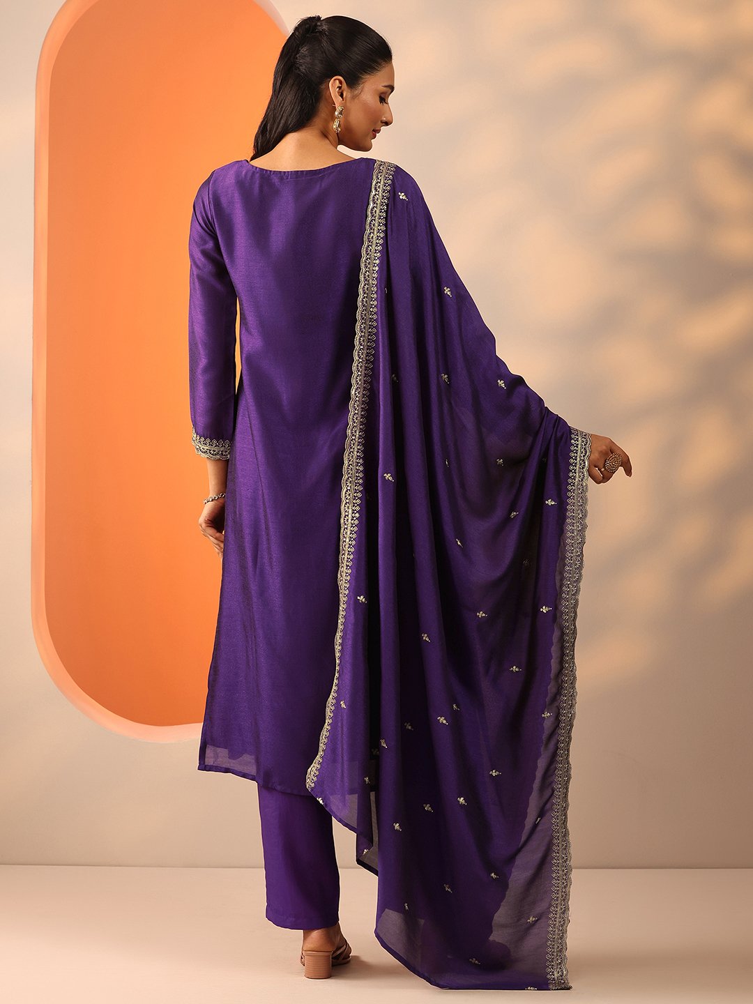 Purple Embroidered Silk Blend Straight Kurta, Trousers And Dupatta Set