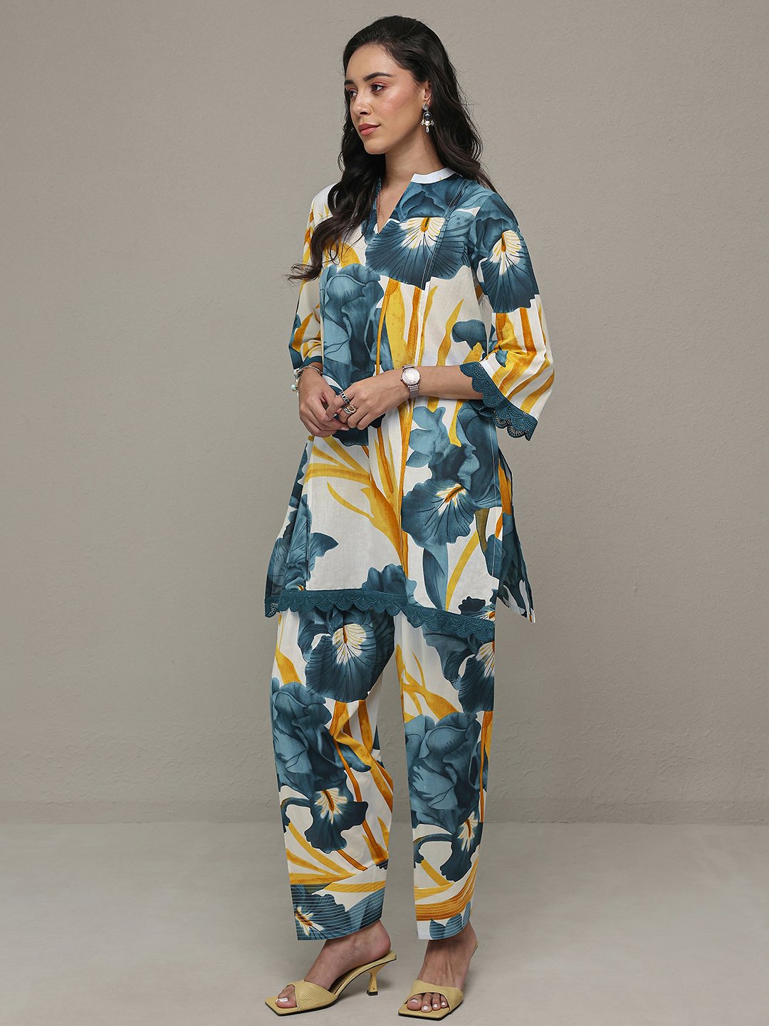 White Printed Cotton Straight Kurta And Salwar Set