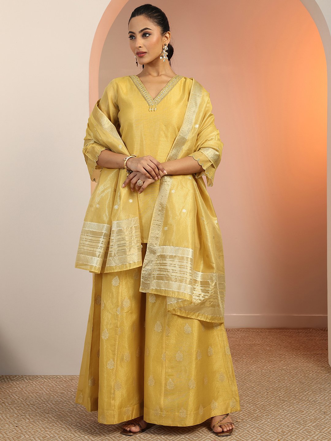 Yellow Embellished Silk Blend Straight Kurta, Palazzo And Dupatta Set