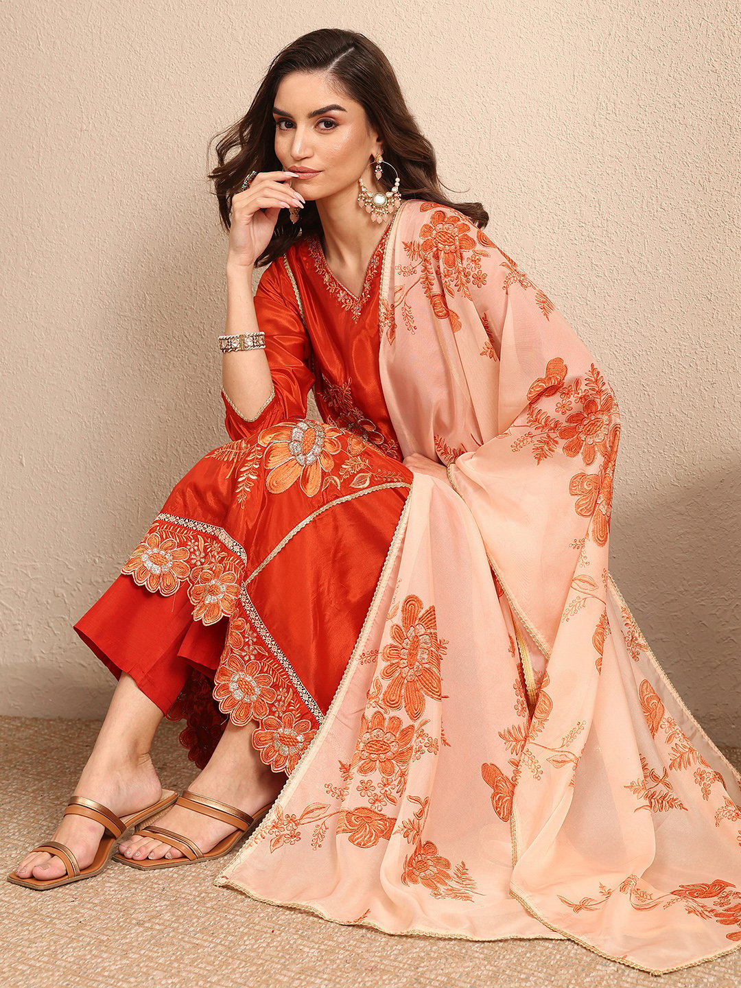 Orange Embroidered Crepe Straight Kurta, Trousers And Dupatta Set