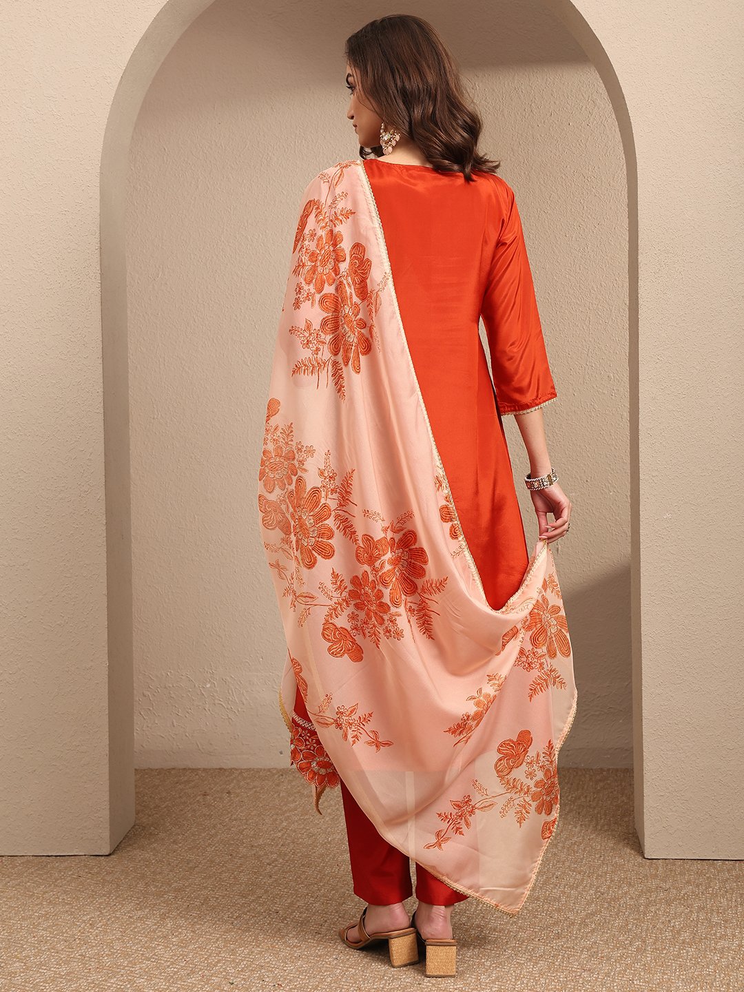 Orange Embroidered Crepe Straight Kurta, Trousers And Dupatta Set