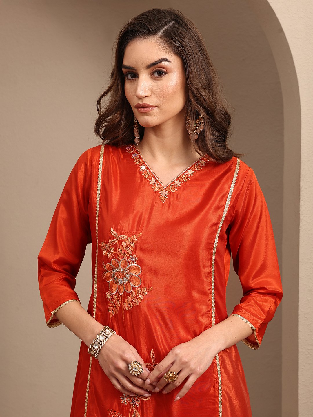 Orange Embroidered Crepe Straight Kurta, Trousers And Dupatta Set