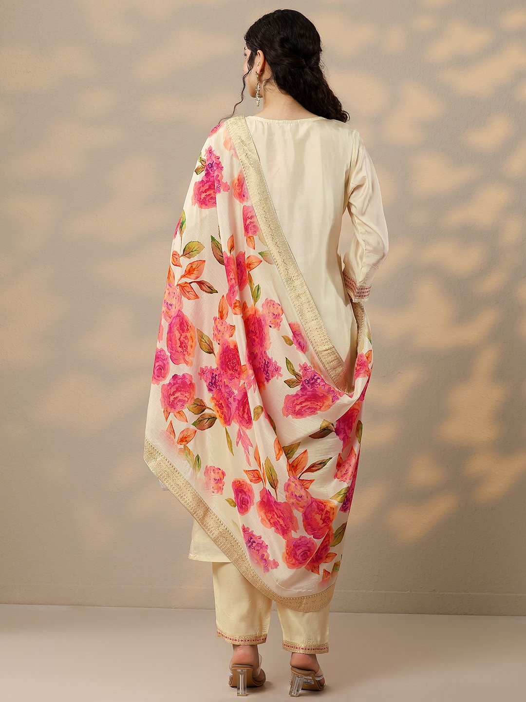 Off White Printed Silk Blend Straight Kurta, Trousers And Dupatta Set