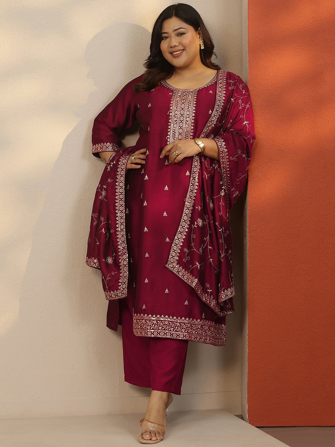 Plus Size Maroon Embroidered Silk Blend Straight Kurta, Trousers and Dupatta Set