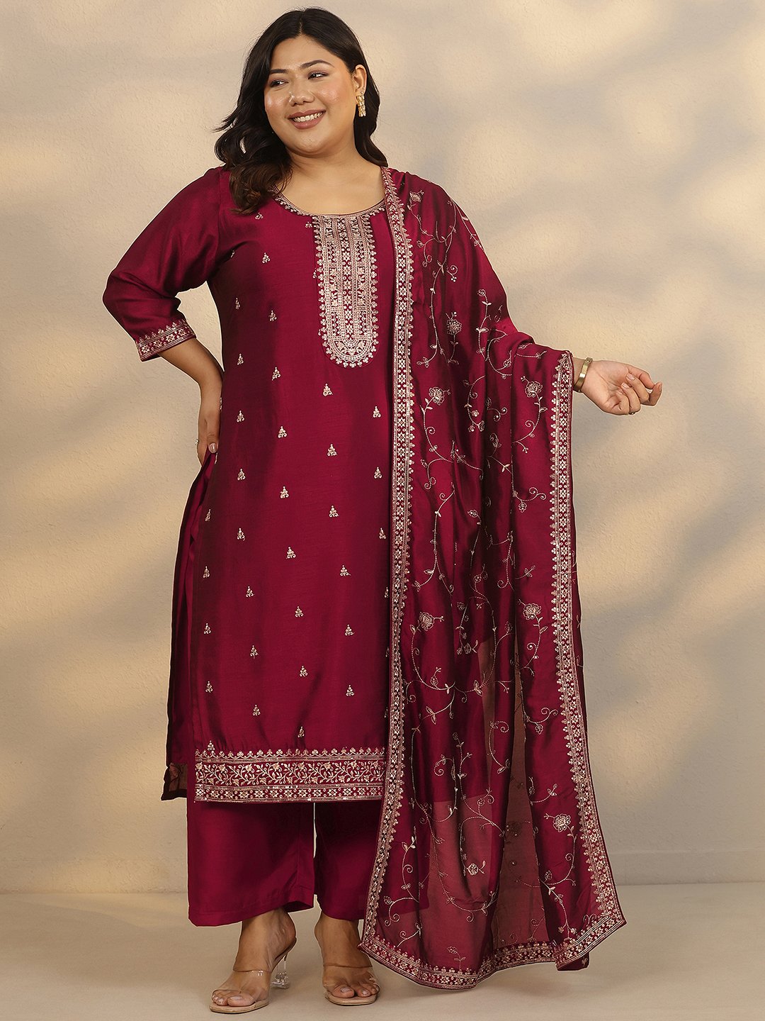 Plus Size Maroon Embroidered Silk Blend Straight Kurta, Trousers and Dupatta Set