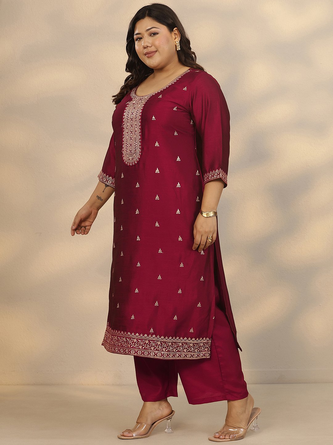 Plus Size Maroon Embroidered Silk Blend Straight Kurta, Trousers and Dupatta Set