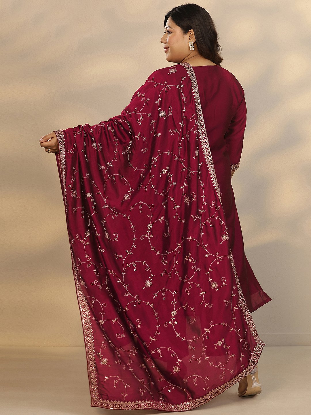 Plus Size Maroon Embroidered Silk Blend Straight Kurta, Trousers and Dupatta Set
