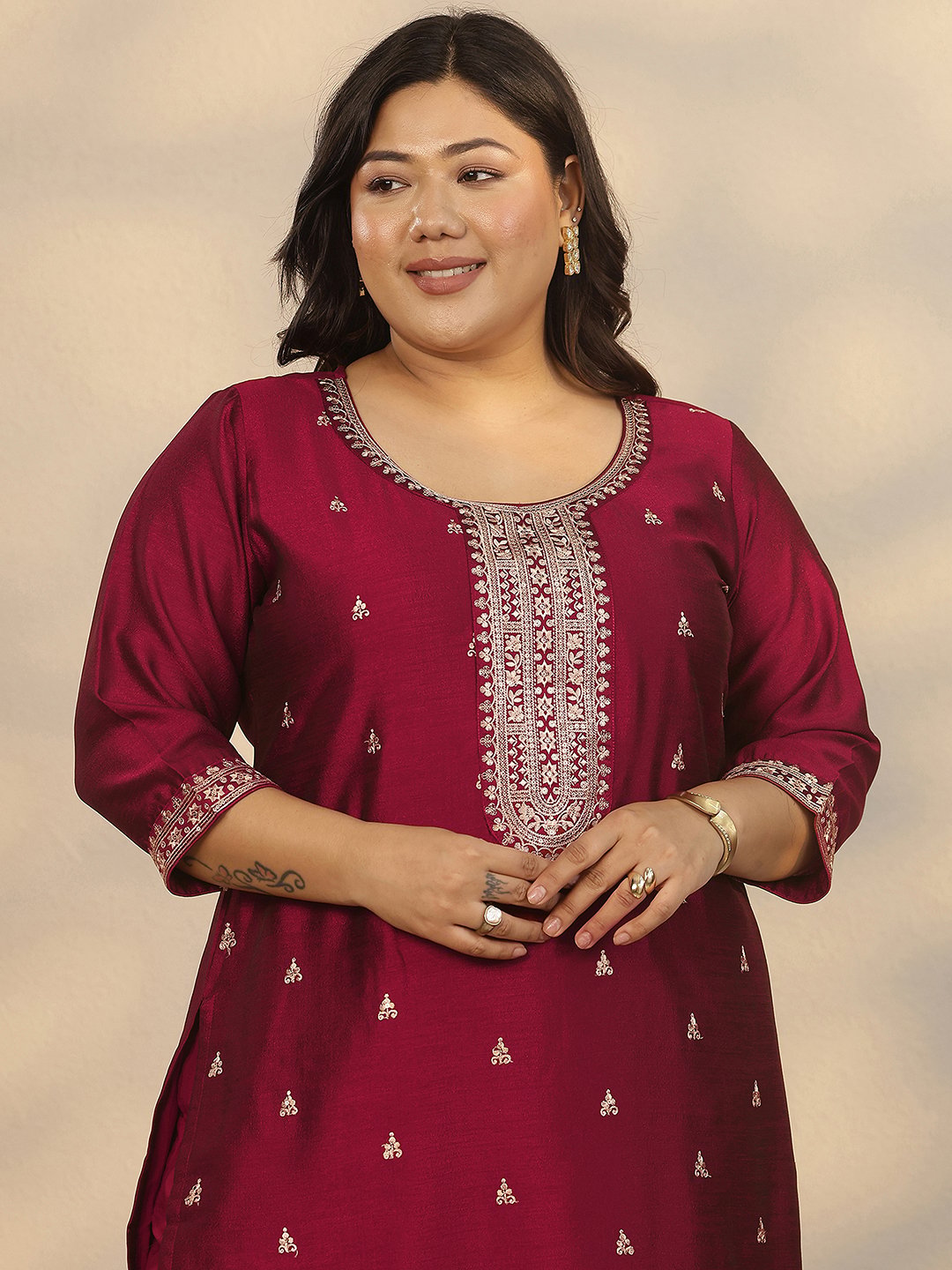 Plus Size Maroon Embroidered Silk Blend Straight Kurta, Trousers and Dupatta Set