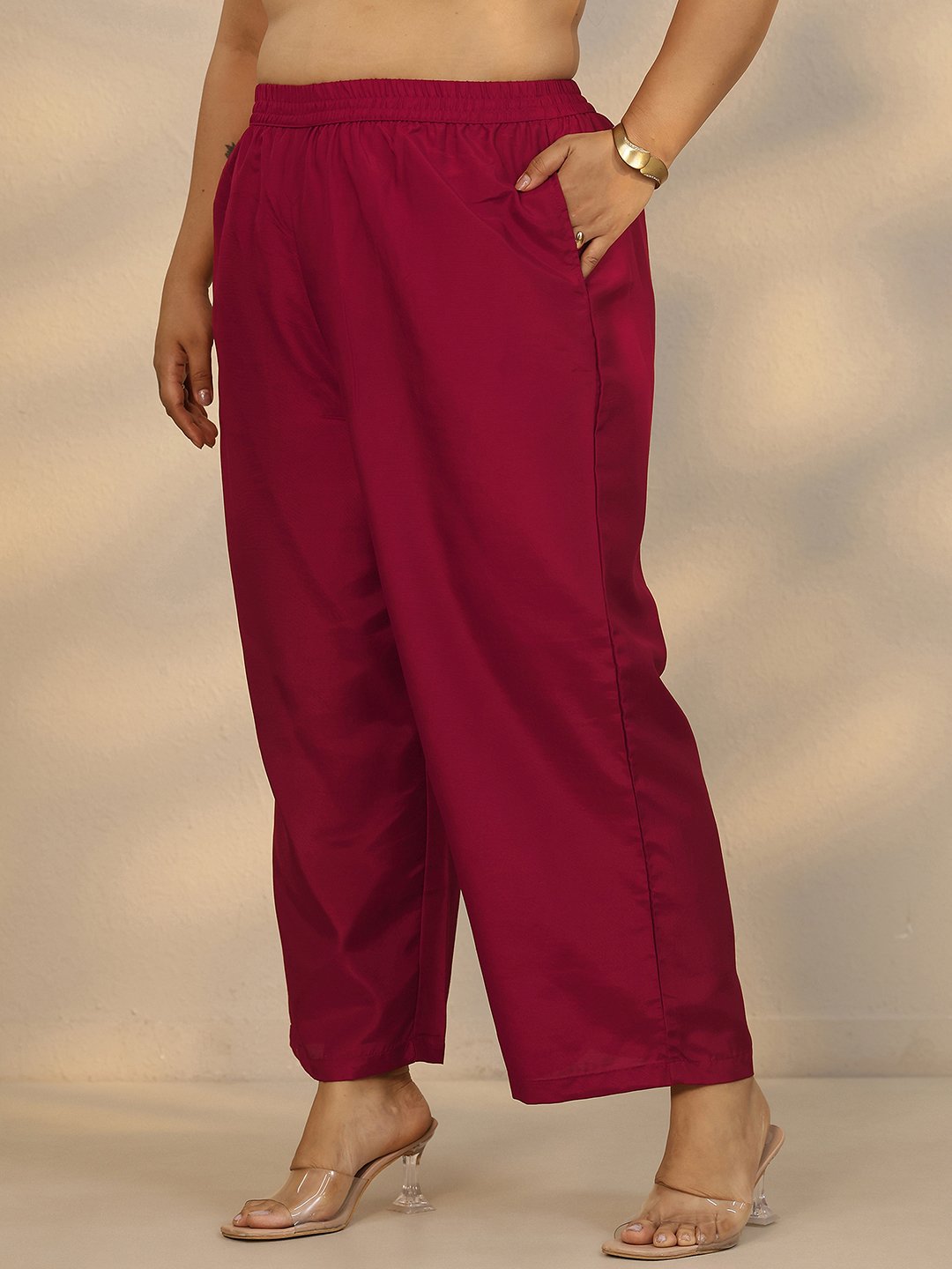 Plus Size Maroon Embroidered Silk Blend Straight Kurta, Trousers and Dupatta Set