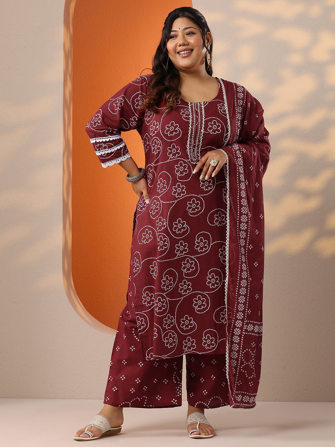 Plus Size Maroon Printed Cotton Straight Kurta, Trousers and Dupatta Set