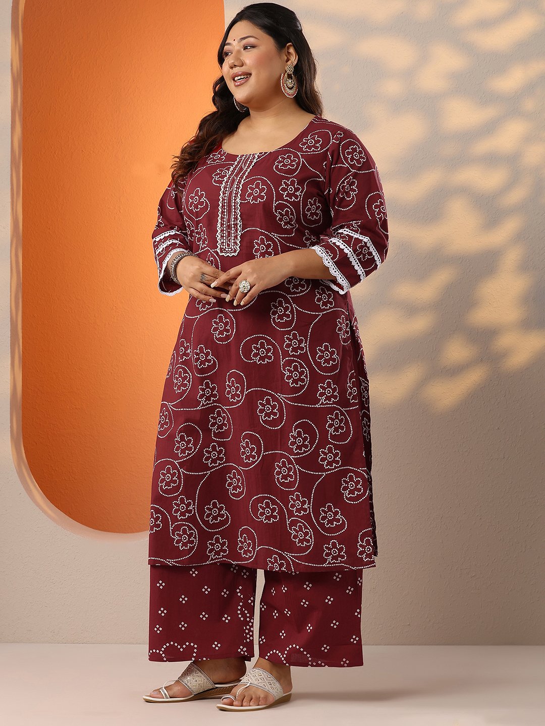 Plus Size Maroon Printed Cotton Straight Kurta, Trousers and Dupatta Set