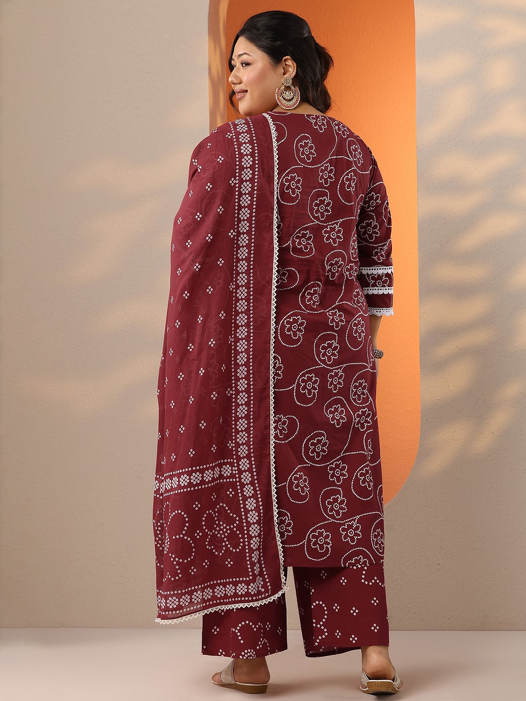 Plus Size Maroon Printed Cotton Straight Kurta, Trousers and Dupatta Set