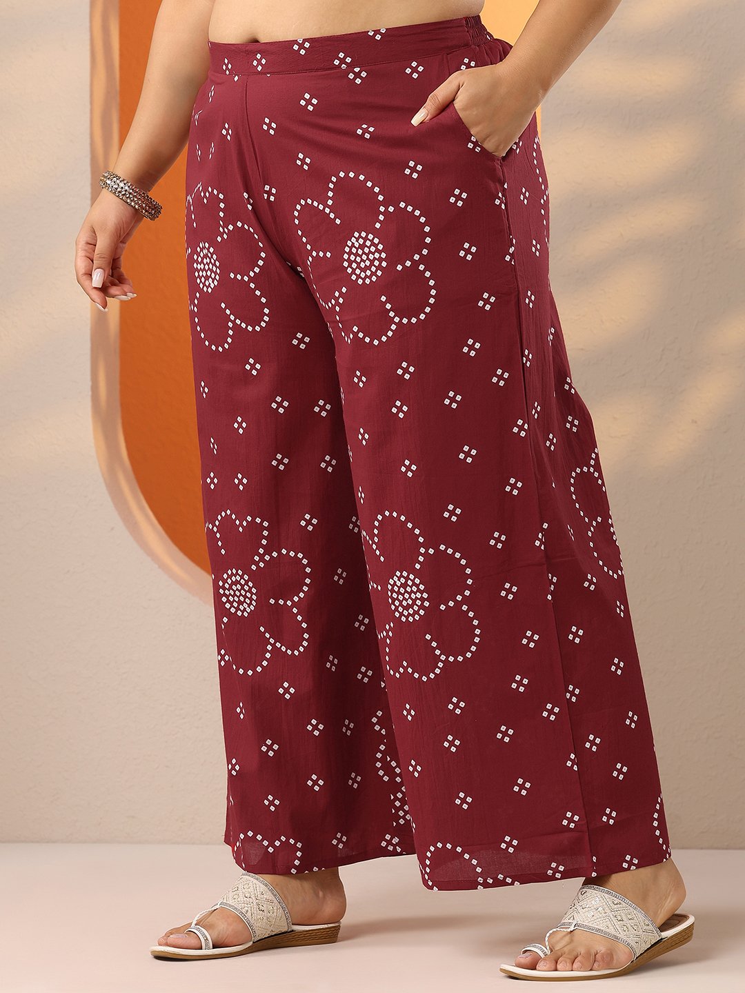 Plus Size Maroon Printed Cotton Straight Kurta, Trousers and Dupatta Set