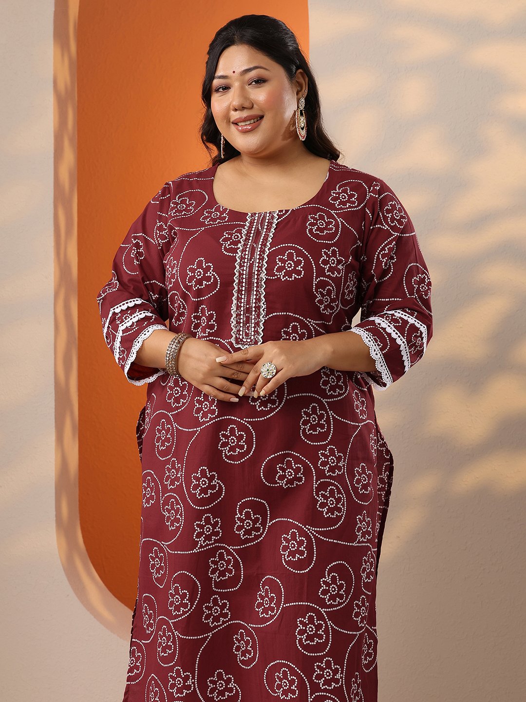 Plus Size Maroon Printed Cotton Straight Kurta, Trousers and Dupatta Set