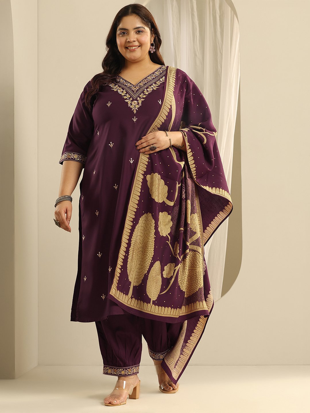 Plus Size Burgundy Embroidered Viscose Straight Kurta, Salwar and Dupatta Set