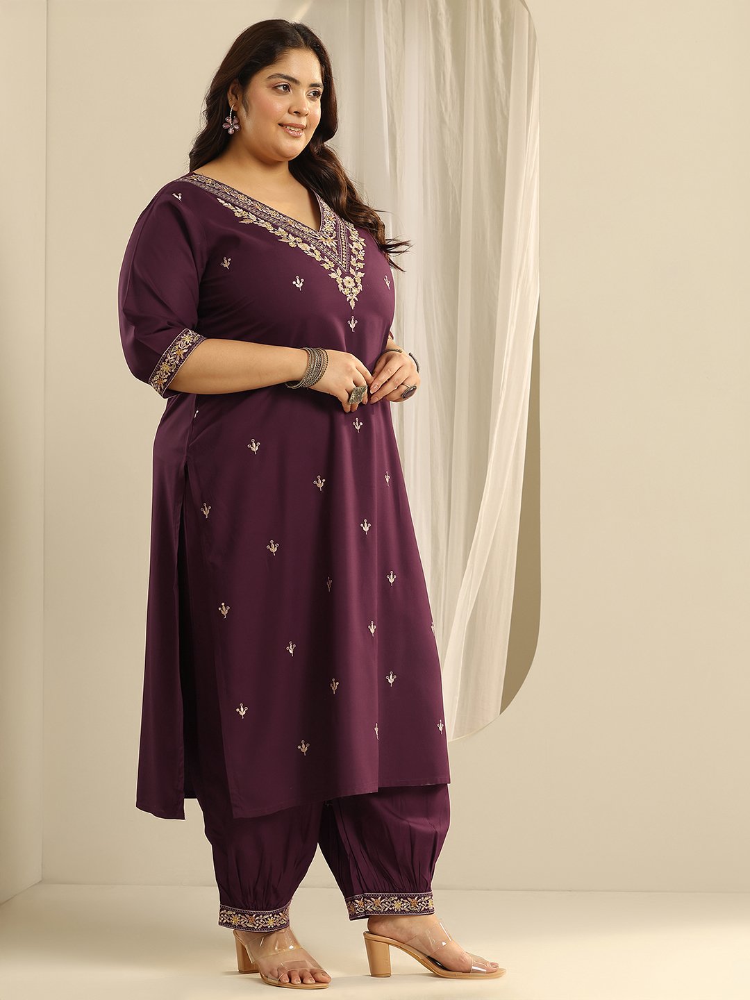 Plus Size Burgundy Embroidered Viscose Straight Kurta, Salwar and Dupatta Set