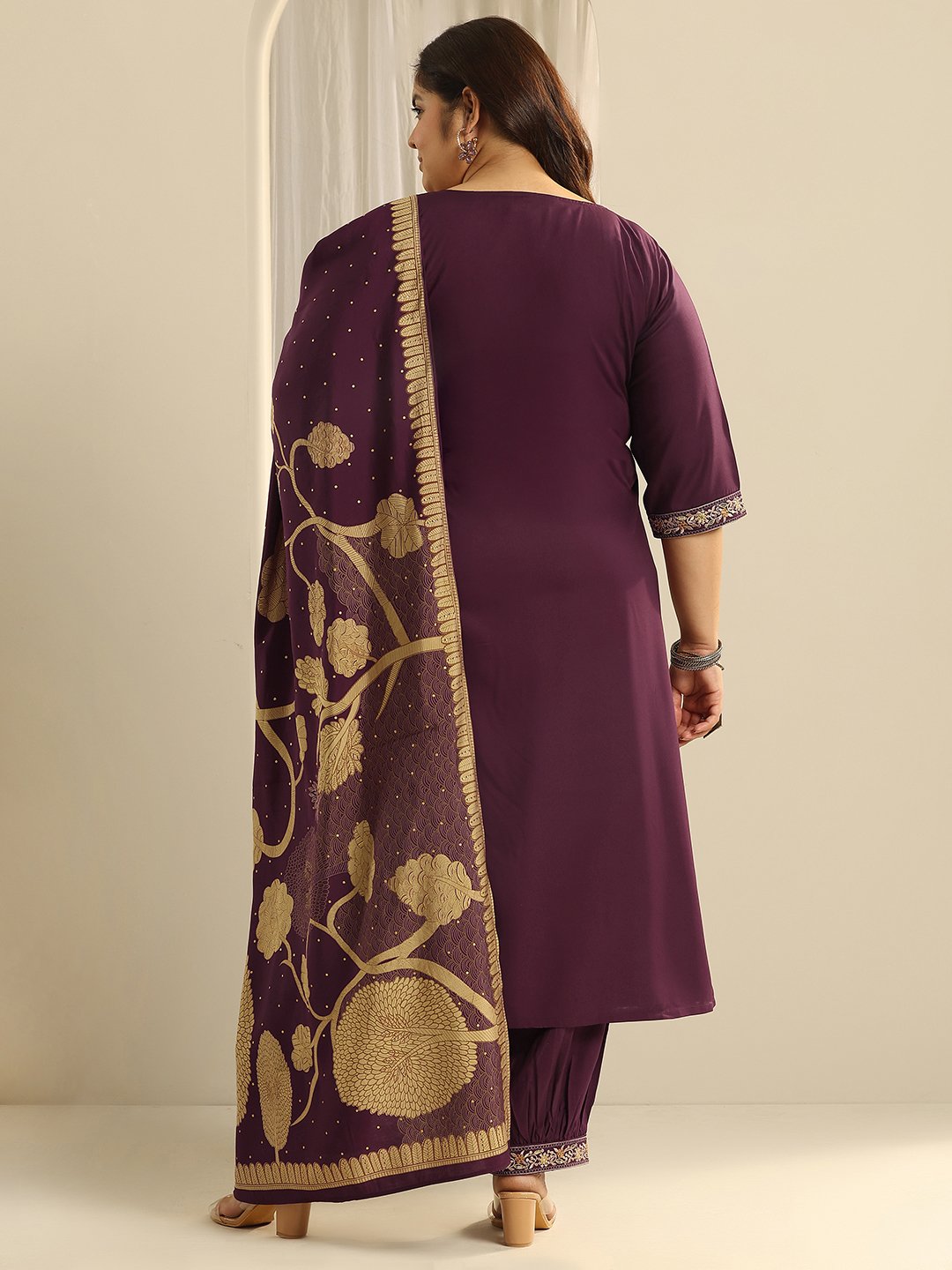 Plus Size Burgundy Embroidered Viscose Straight Kurta, Salwar and Dupatta Set