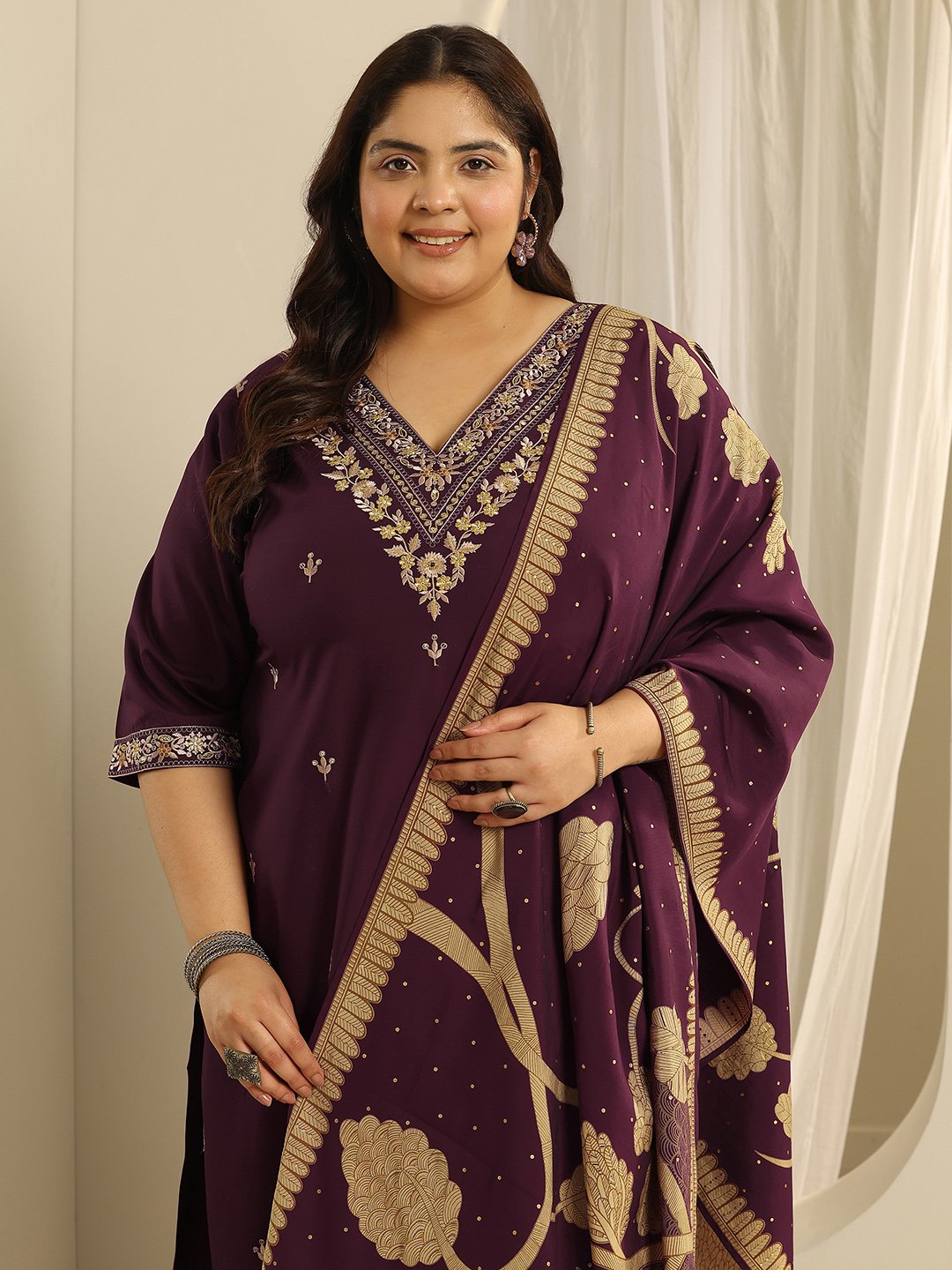 Plus Size Burgundy Embroidered Viscose Straight Kurta, Salwar and Dupatta Set