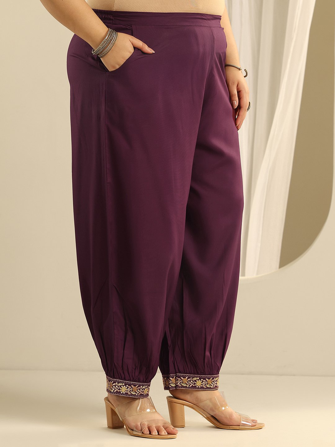 Plus Size Burgundy Embroidered Viscose Straight Kurta, Salwar and Dupatta Set