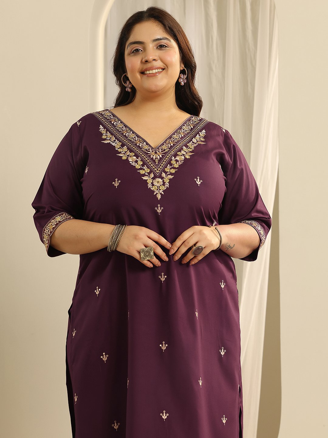 Plus Size Burgundy Embroidered Viscose Straight Kurta, Salwar and Dupatta Set