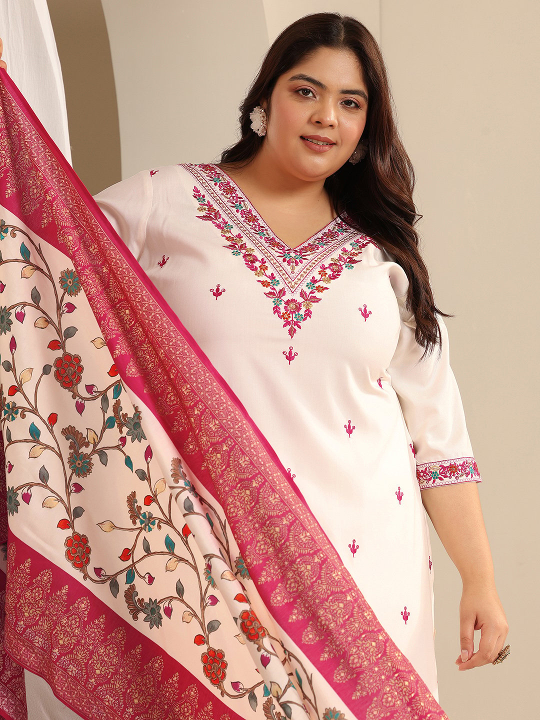Plus Size White Embroidered Viscose Straight Kurta, Salwar and Dupatta Set