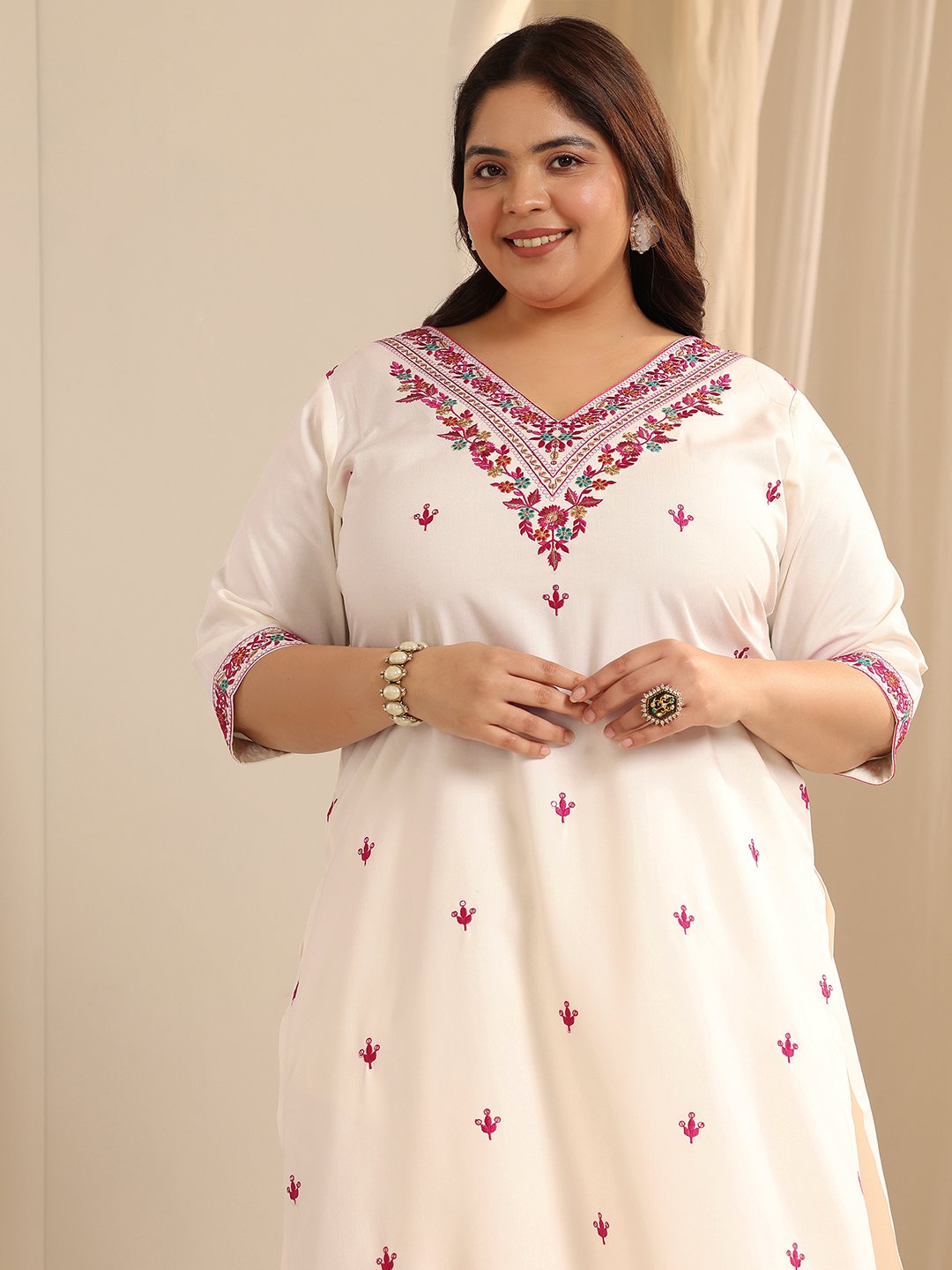 Plus Size White Embroidered Viscose Straight Kurta, Salwar and Dupatta Set