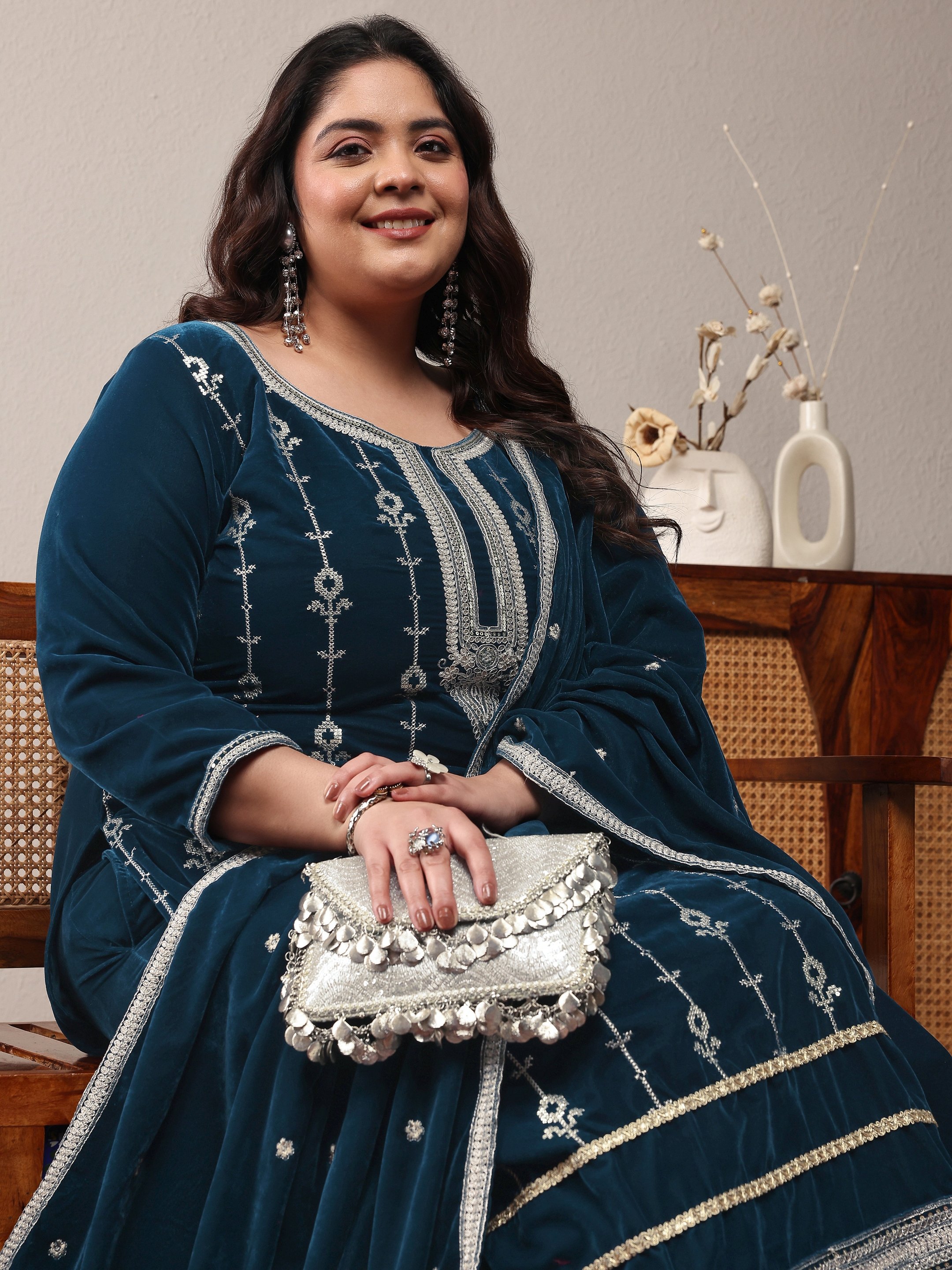 Plus Size Navy Blue Embroidered Velvet Straight Kurta, Trousers and Dupatta Set