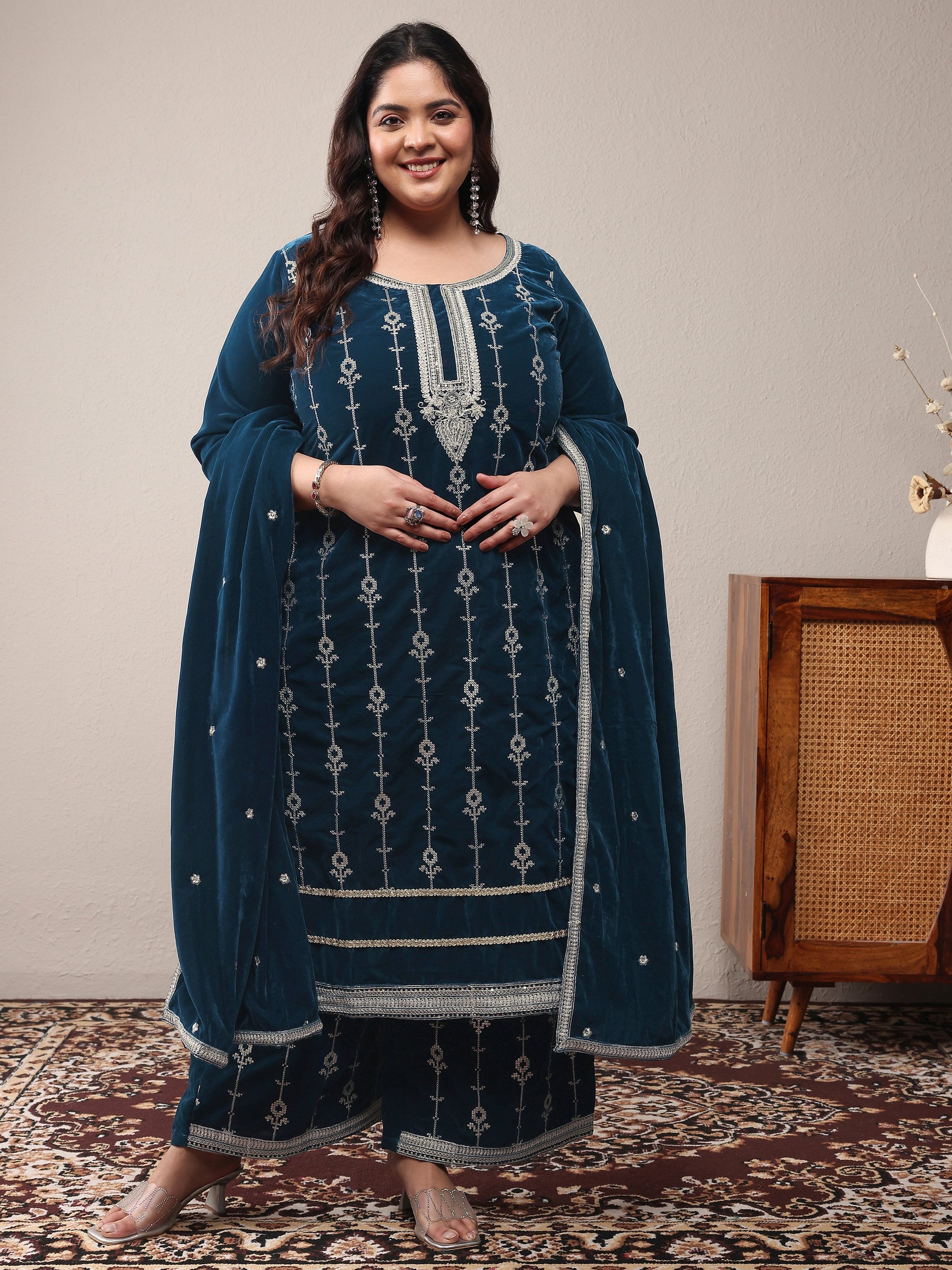 Plus Size Navy Blue Embroidered Velvet Straight Kurta, Trousers and Dupatta Set