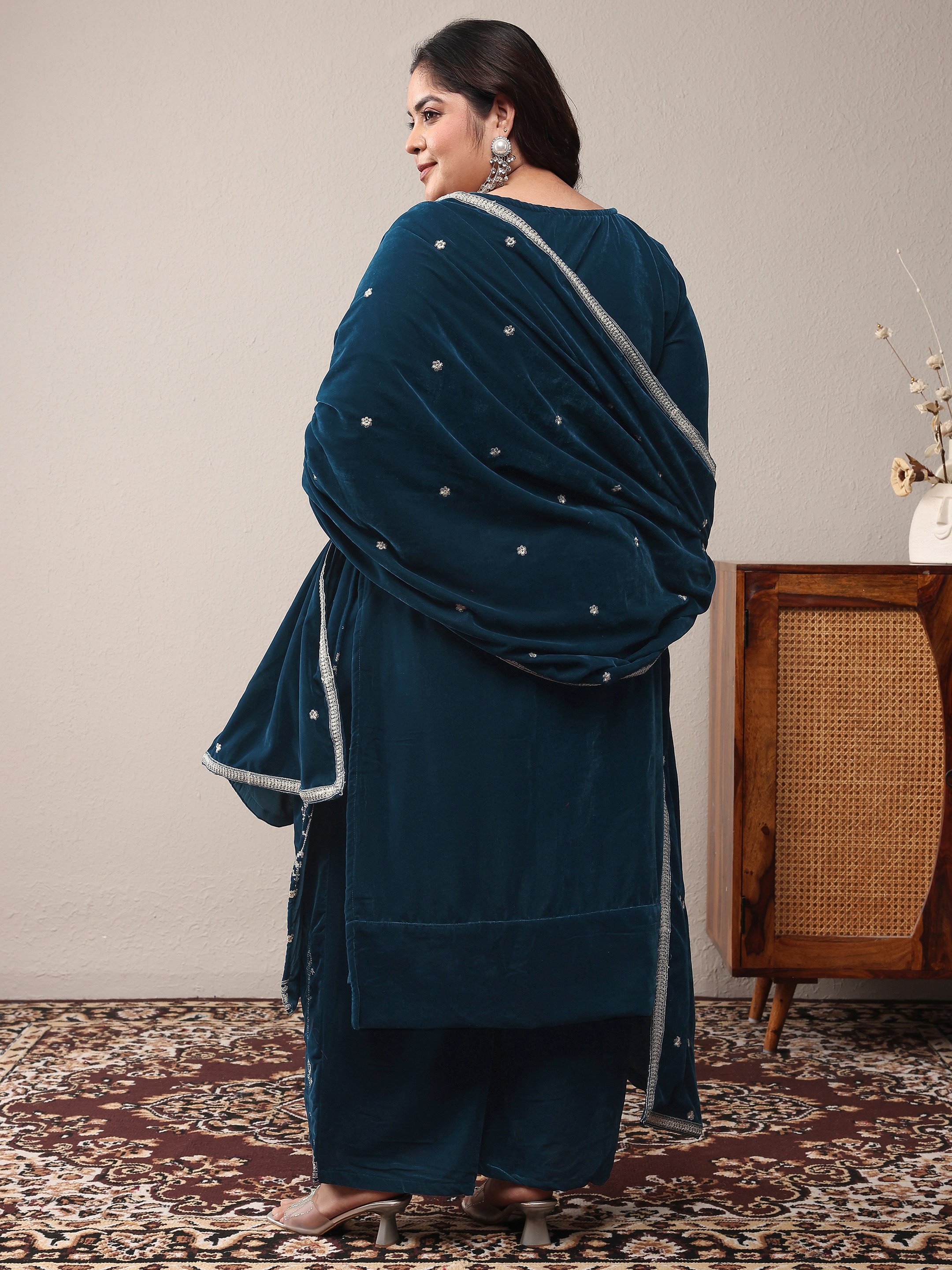 Plus Size Navy Blue Embroidered Velvet Straight Kurta, Trousers and Dupatta Set