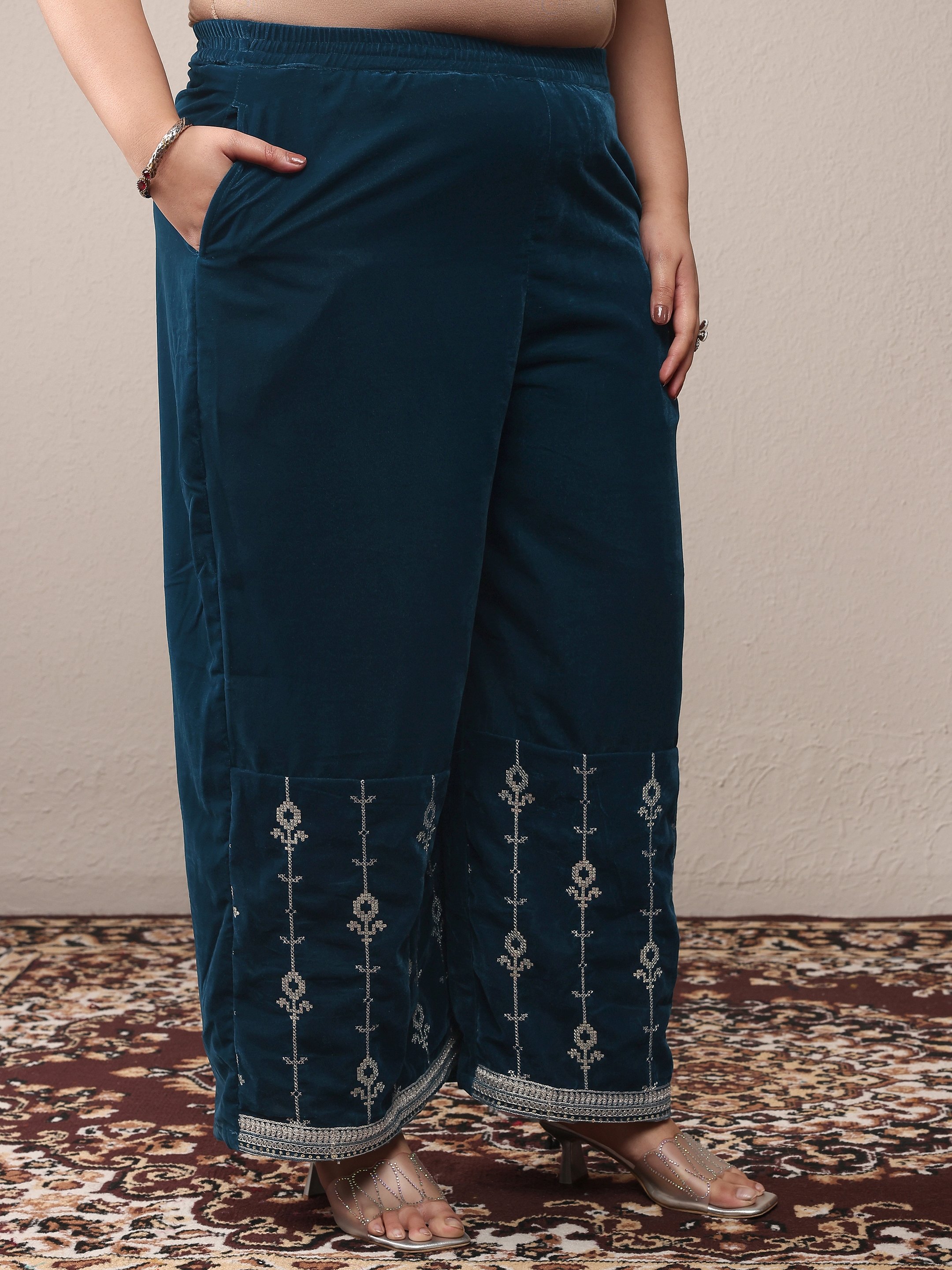 Plus Size Navy Blue Embroidered Velvet Straight Kurta, Trousers and Dupatta Set