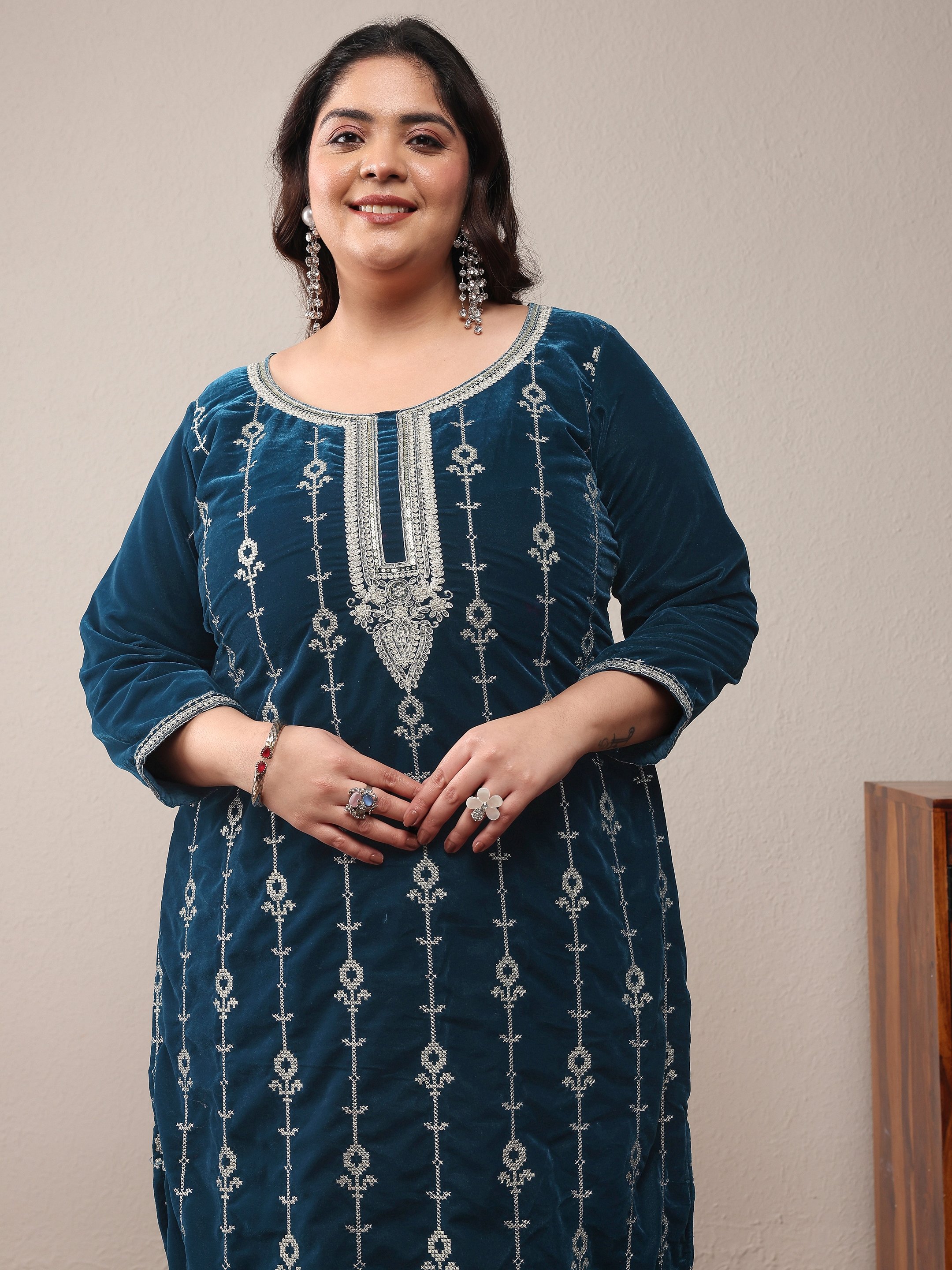 Plus Size Navy Blue Embroidered Velvet Straight Kurta, Trousers and Dupatta Set