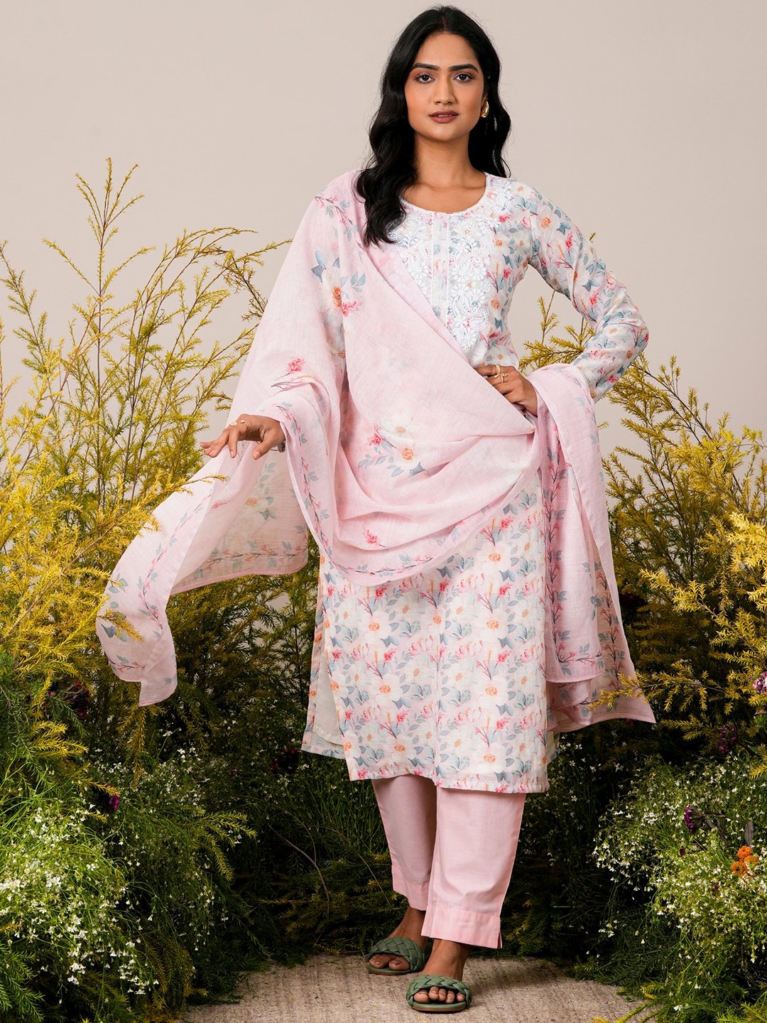 Pink Printed Linen Straight Kurta, Trousers And Dupatta Set