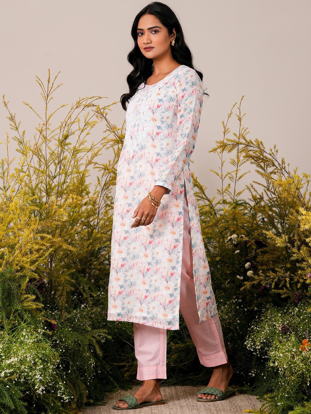 Pink Printed Linen Straight Kurta, Trousers And Dupatta Set