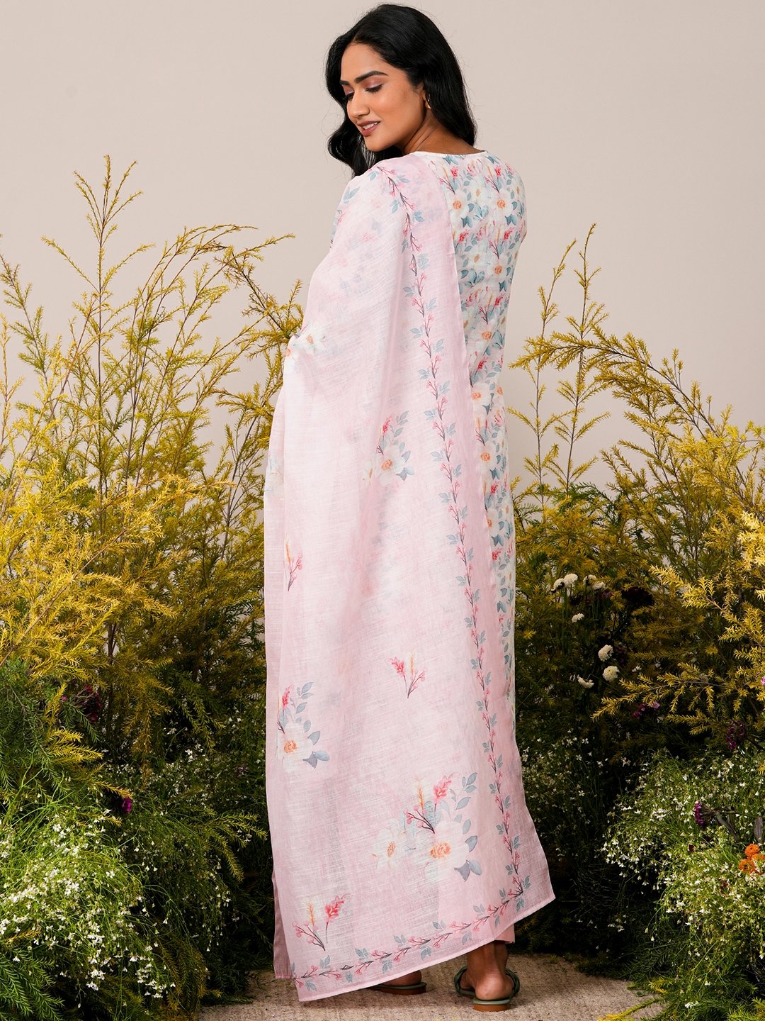 Pink Printed Linen Straight Kurta, Trousers And Dupatta Set