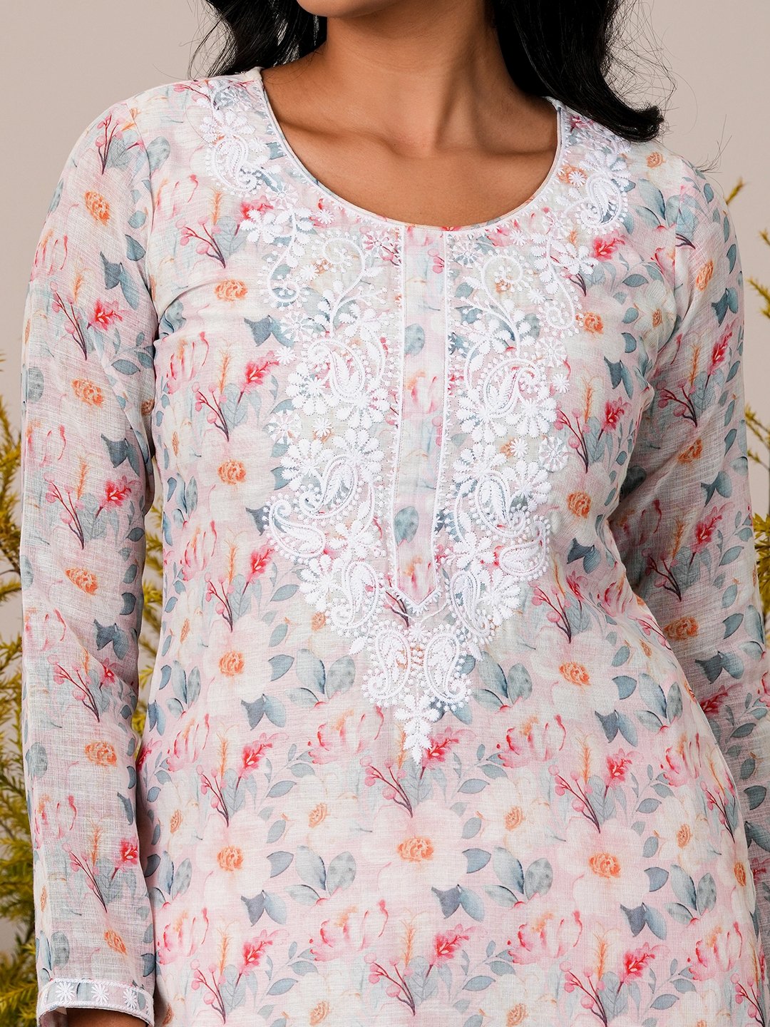 Pink Printed Linen Straight Kurta, Trousers And Dupatta Set