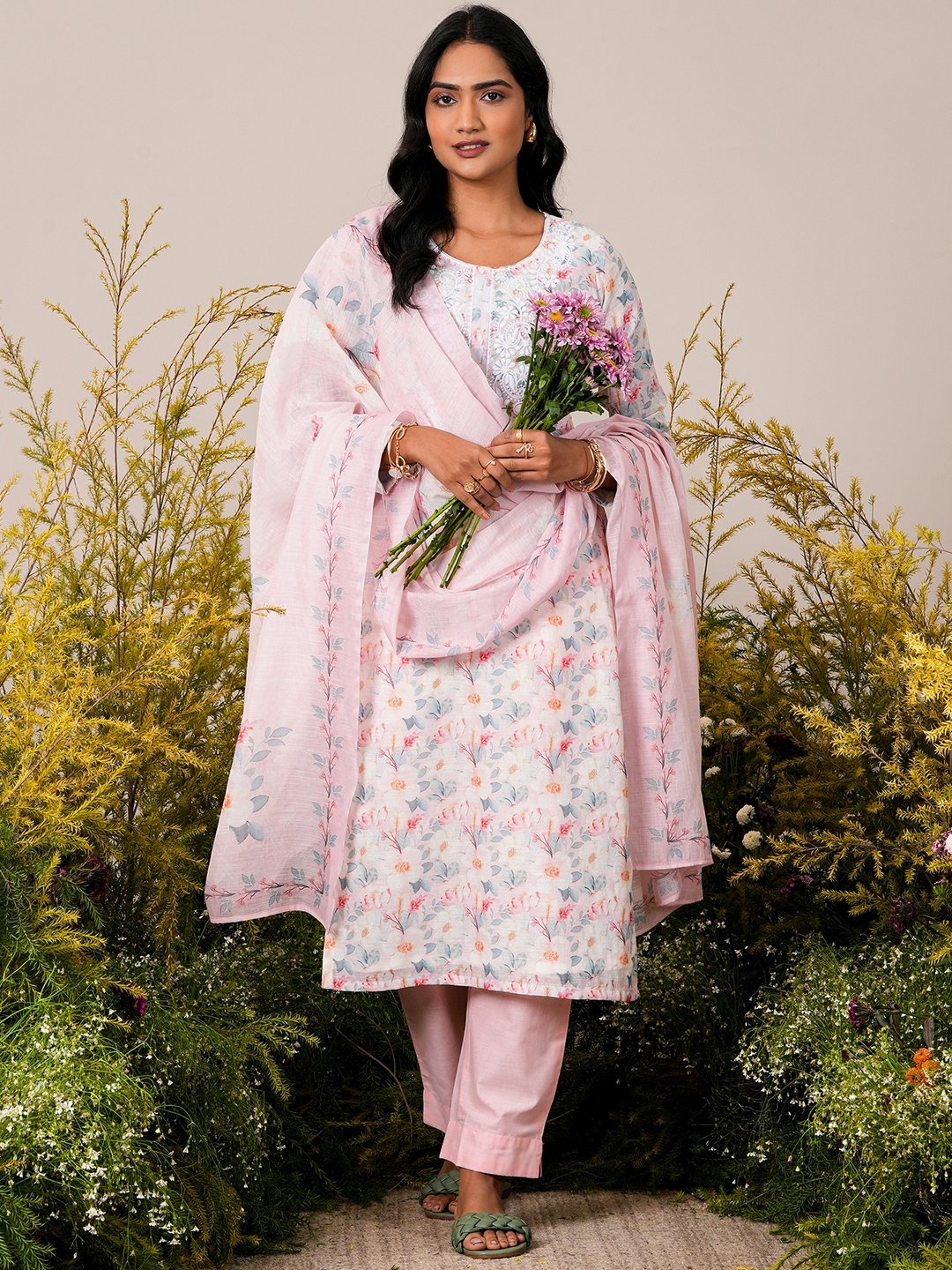 Pink Printed Linen Straight Kurta, Trousers And Dupatta Set