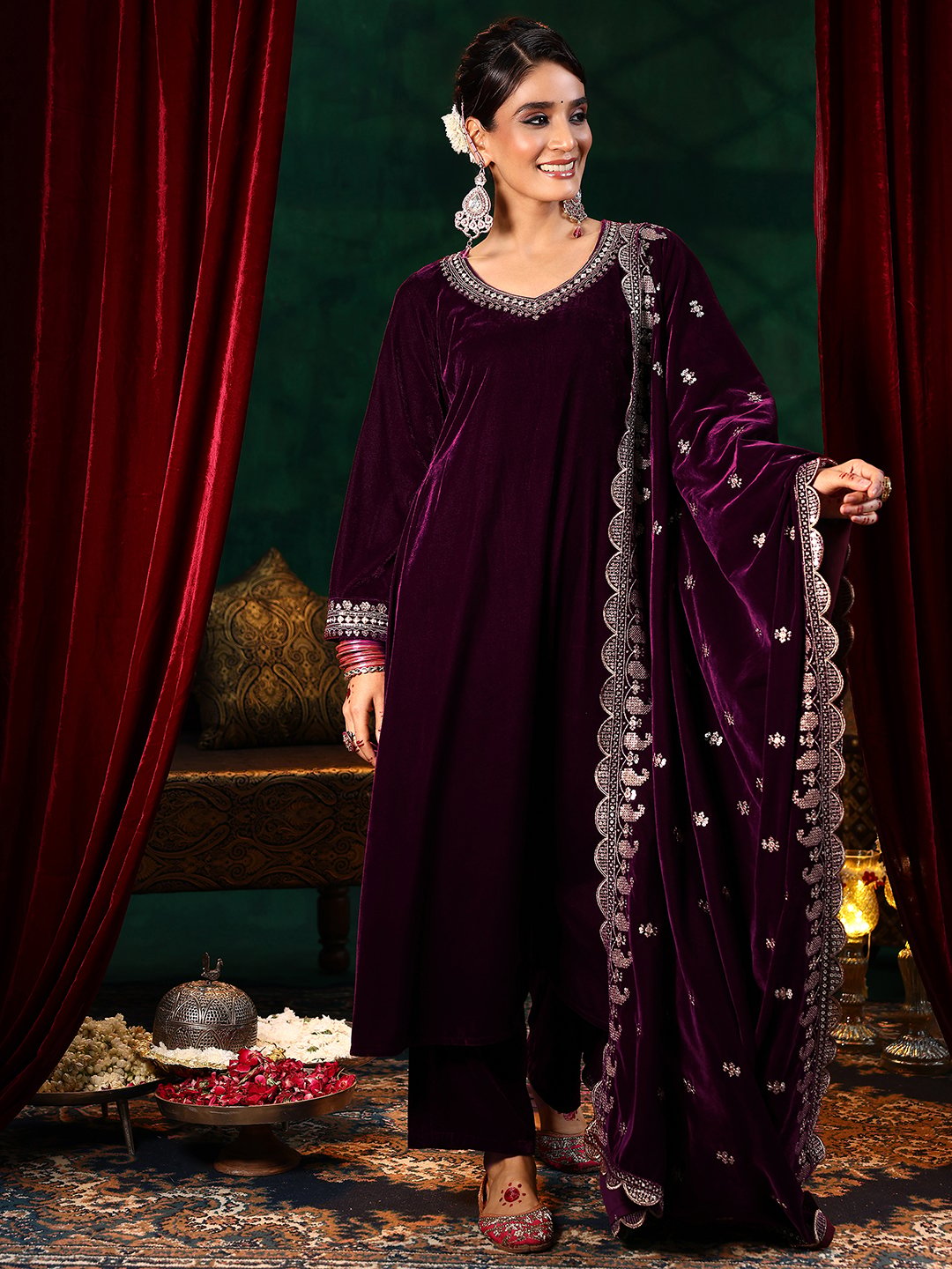 Burgundy Embroidered Velvet Straight Kurta, Trousers And Dupatta Set