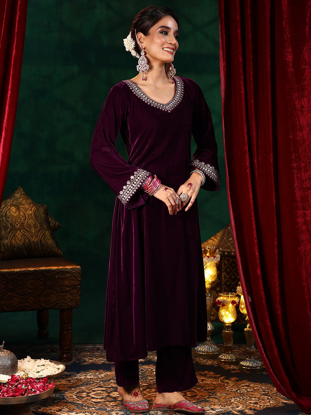 Burgundy Embroidered Velvet Straight Kurta, Trousers And Dupatta Set