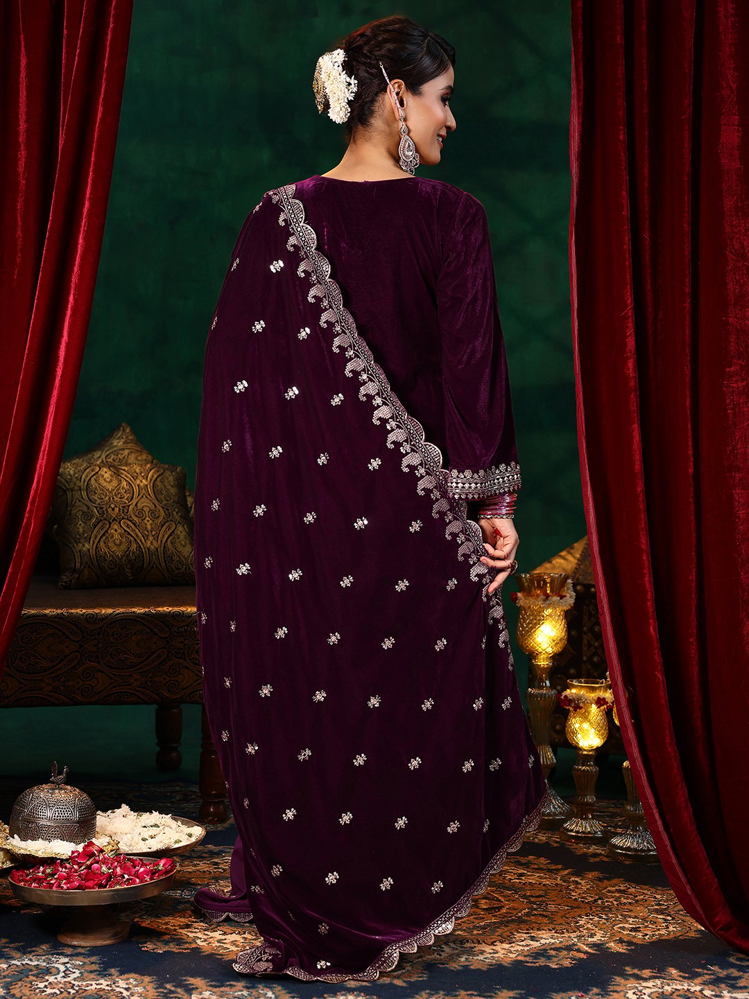 Burgundy Embroidered Velvet Straight Kurta, Trousers And Dupatta Set