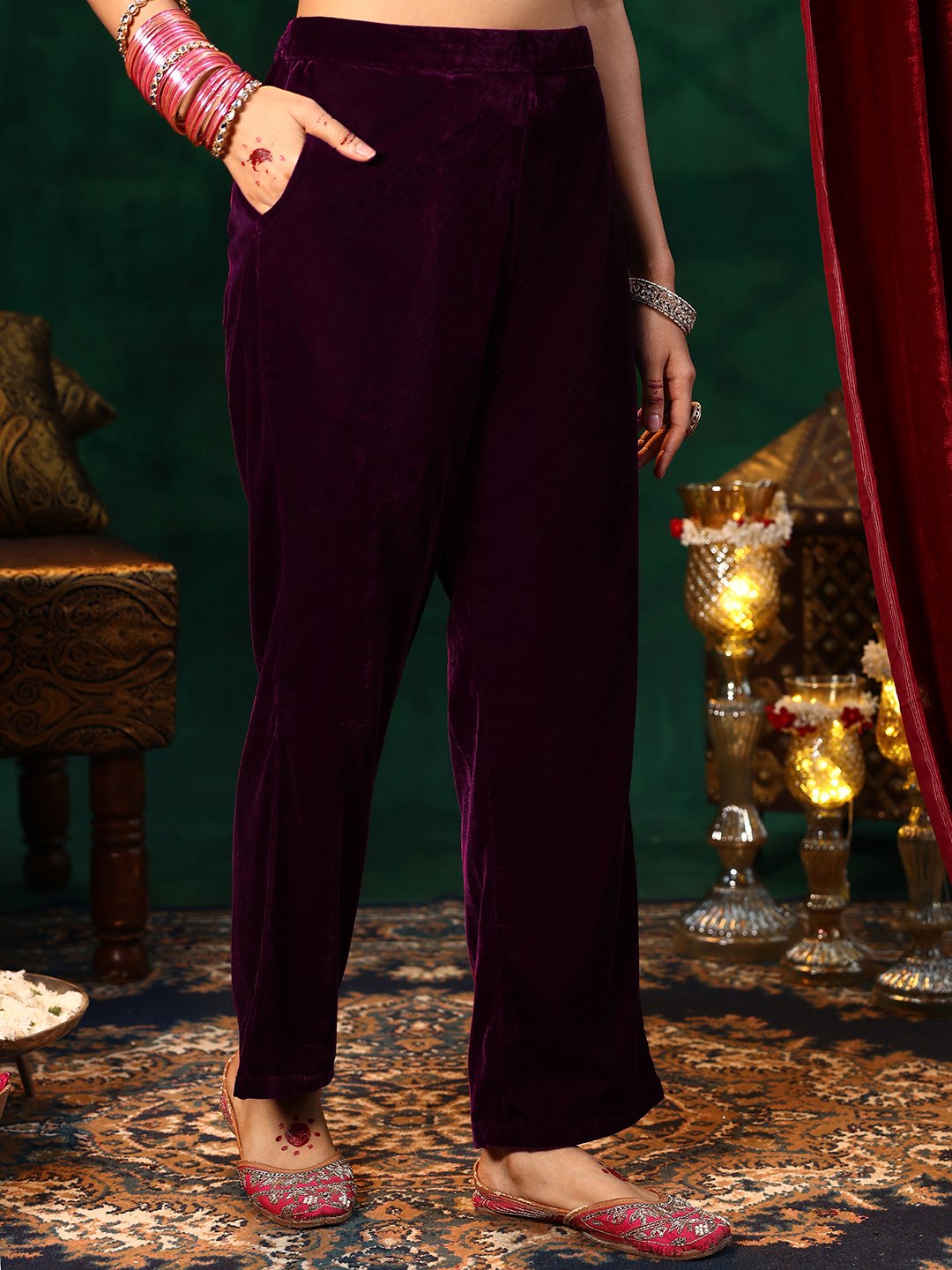 Burgundy Embroidered Velvet Straight Kurta, Trousers And Dupatta Set