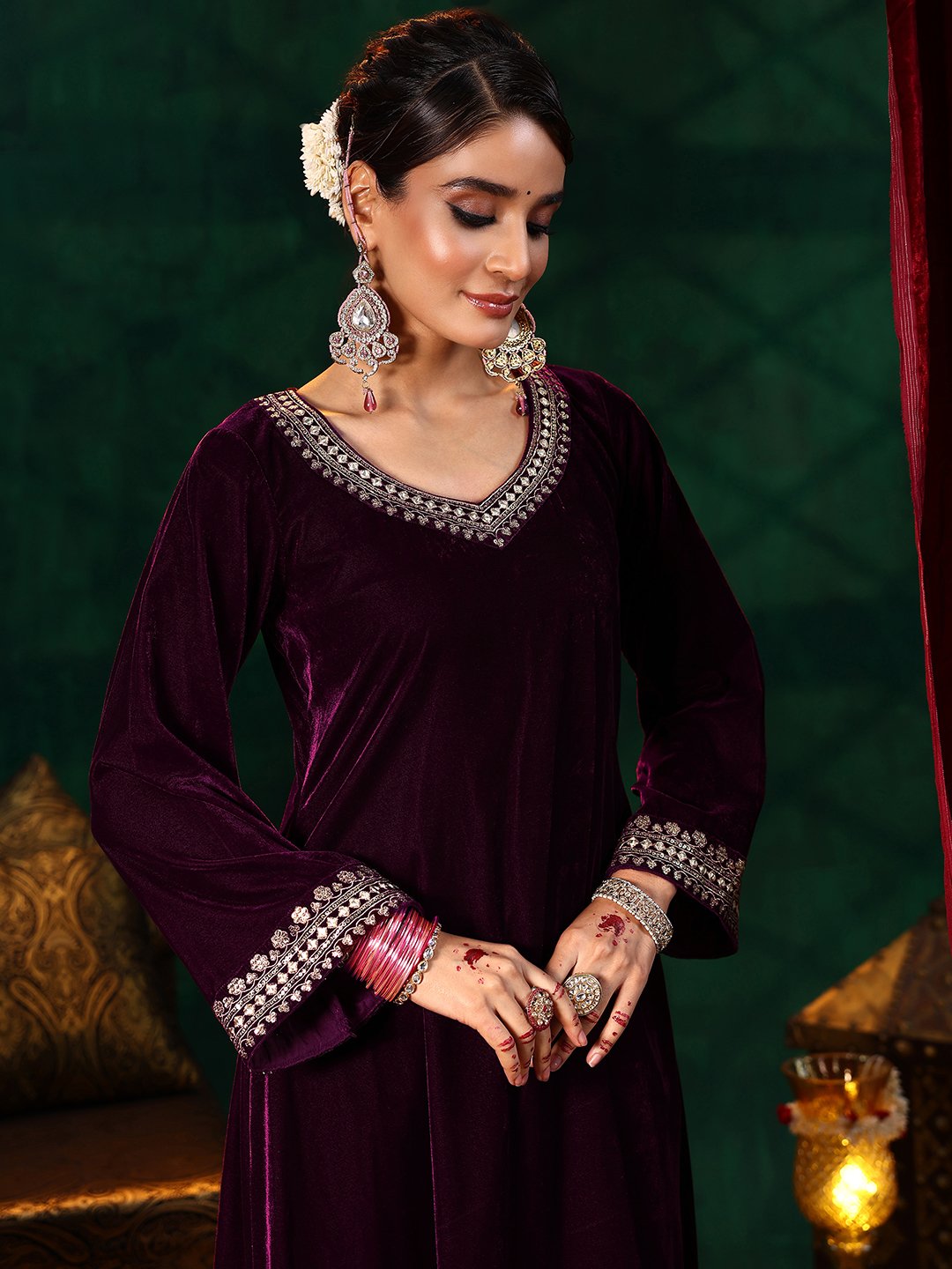 Burgundy Embroidered Velvet Straight Kurta, Trousers And Dupatta Set