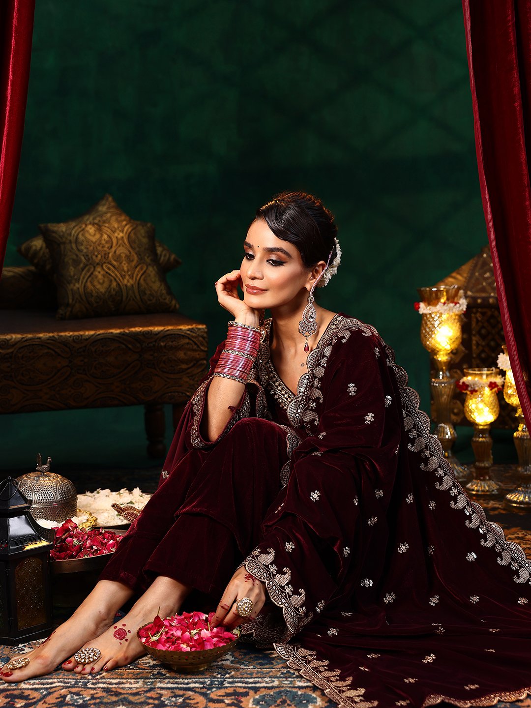 Burgundy Embroidered Velvet Straight Kurta, Trousers And Dupatta Set