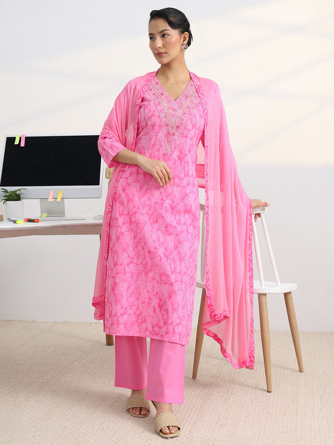 Pink Printed Cotton Blend Straight Kurta, Trousers And Dupatta Set