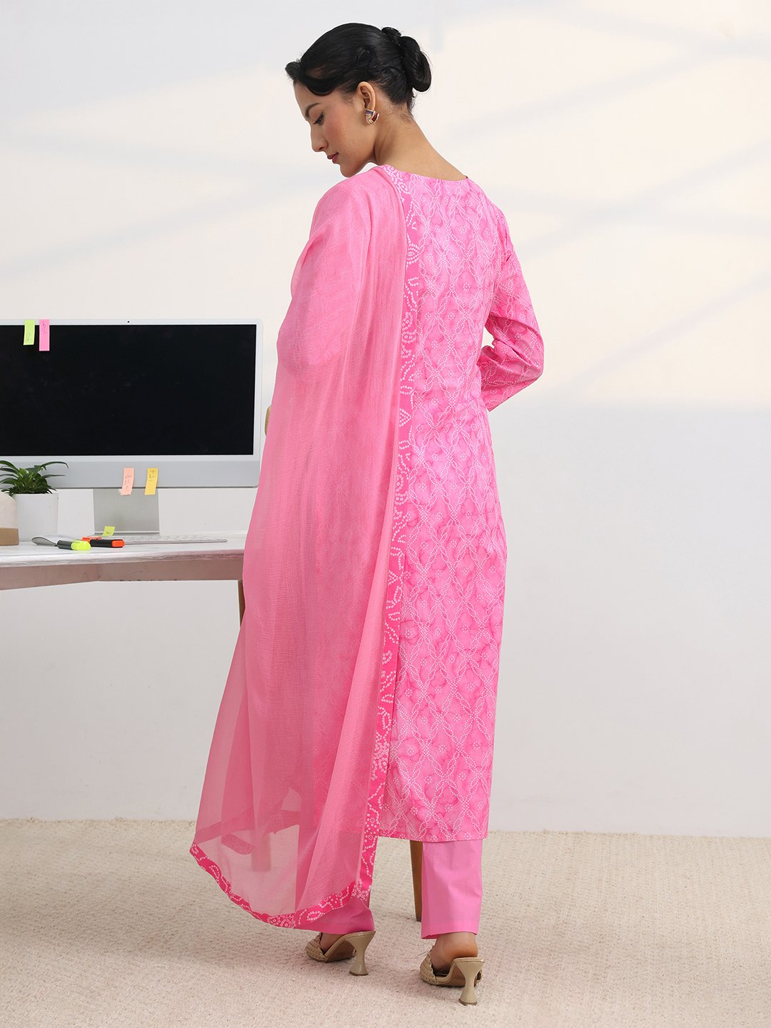Pink Printed Cotton Blend Straight Kurta, Trousers And Dupatta Set