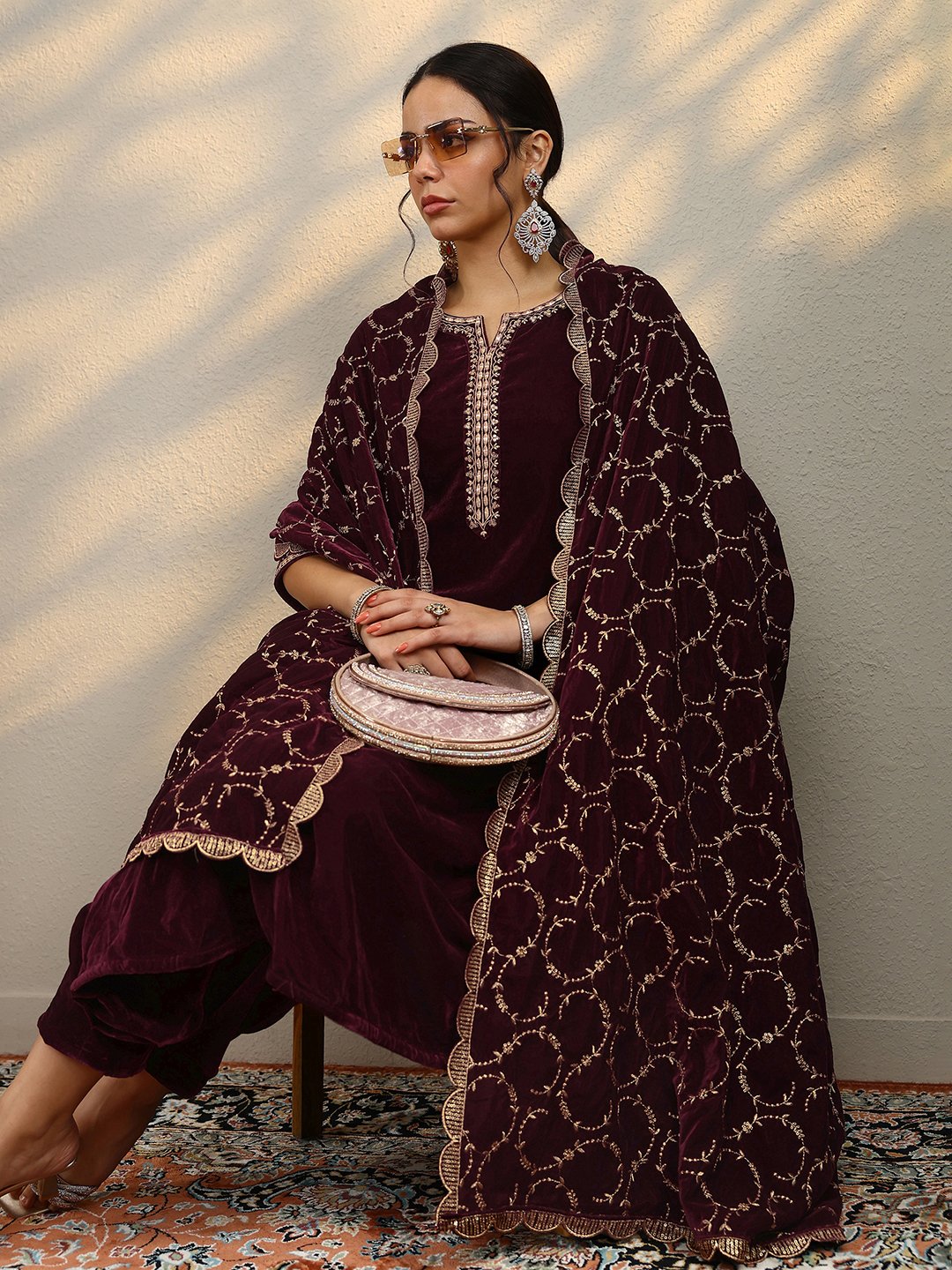 Burgundy Embroidered Velvet Straight Kurta, Trousers And Dupatta Set