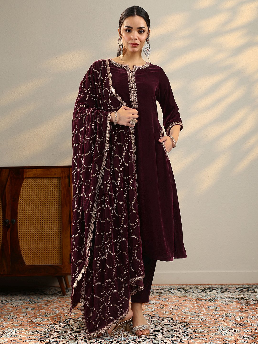 Burgundy Embroidered Velvet Straight Kurta, Trousers And Dupatta Set