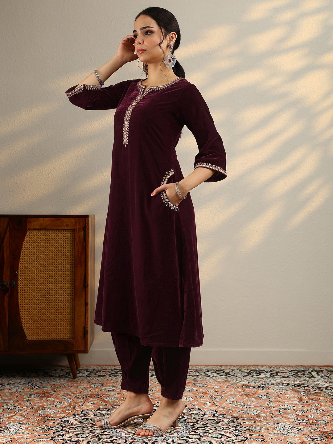 Burgundy Embroidered Velvet Straight Kurta, Trousers And Dupatta Set