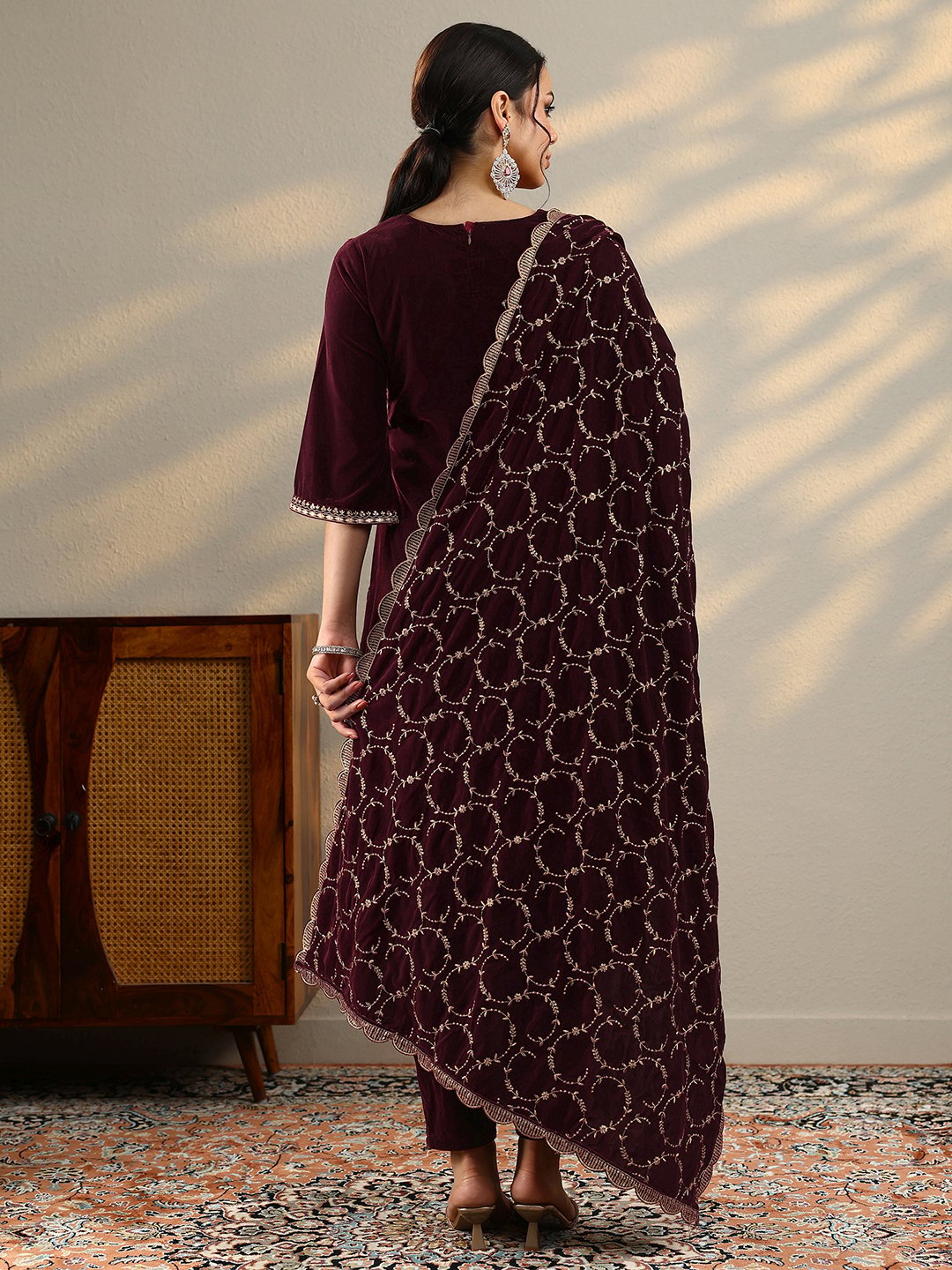 Burgundy Embroidered Velvet Straight Kurta, Trousers And Dupatta Set